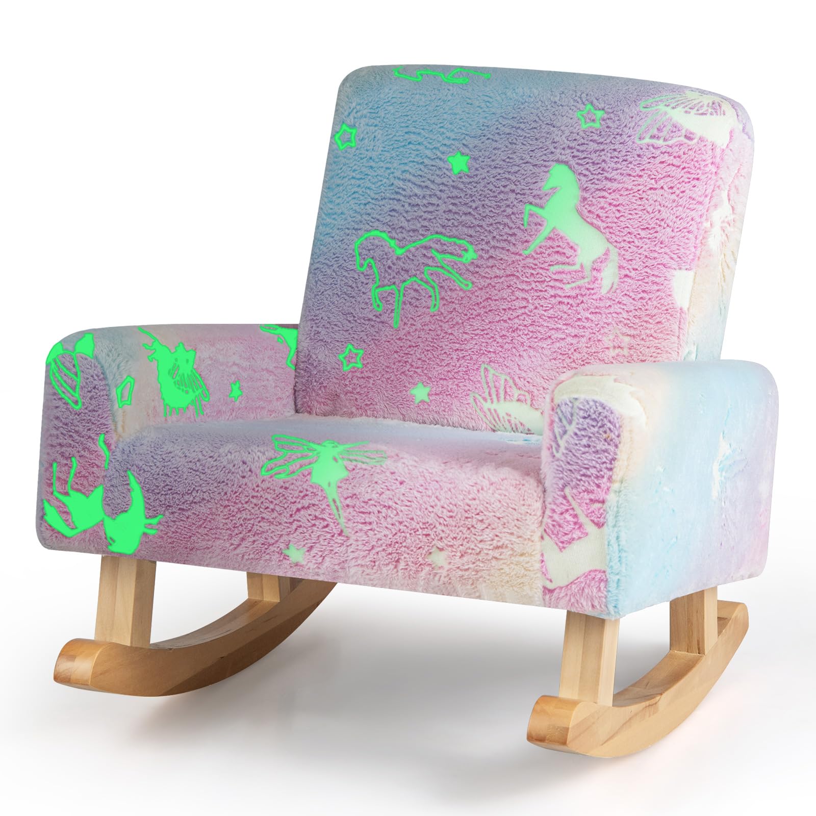 GYMAX Sedia a Dondolo per Bambini, Divanetto Brillante al Buio, Poltroncina Imbottita in Flanella per Bambini con Gambe in Legno Massello, per Camera da Letto, Sala Giochi, Asilo Nido, 3-5 Anni