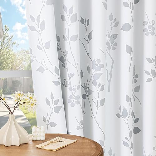 Miniatura 6 de Beauoop Cortinas florales 100% opacas de 84 pulgadas de largo, 2 paneles para dormitorio, sala de estar, estampado de flores grises y blancas