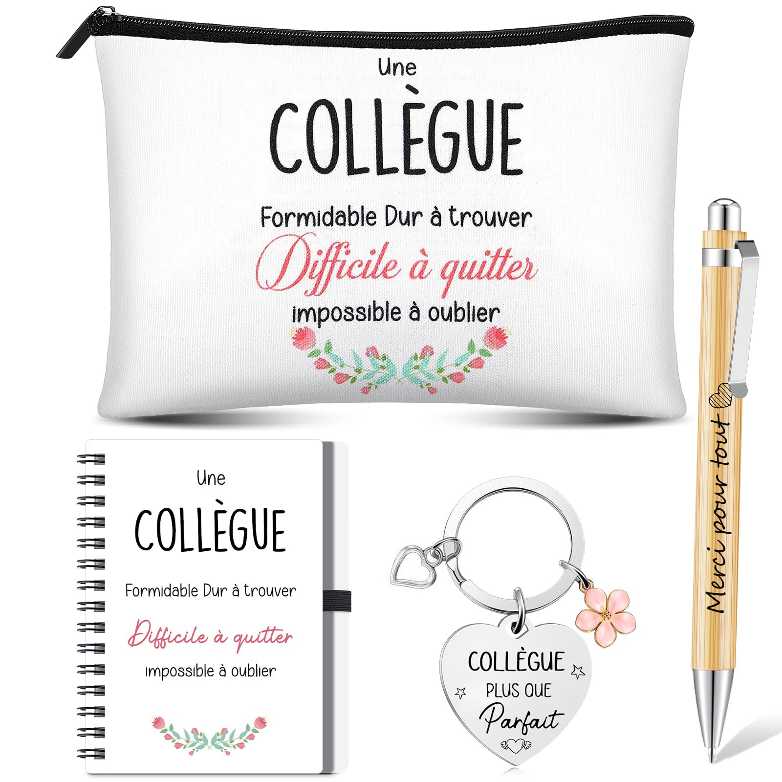 Hestya Set Cadeau Départ Collègue Femme 4 Pièces Pochette Maquillage Carnet Spirale Porte-Clés Stylo Bille
