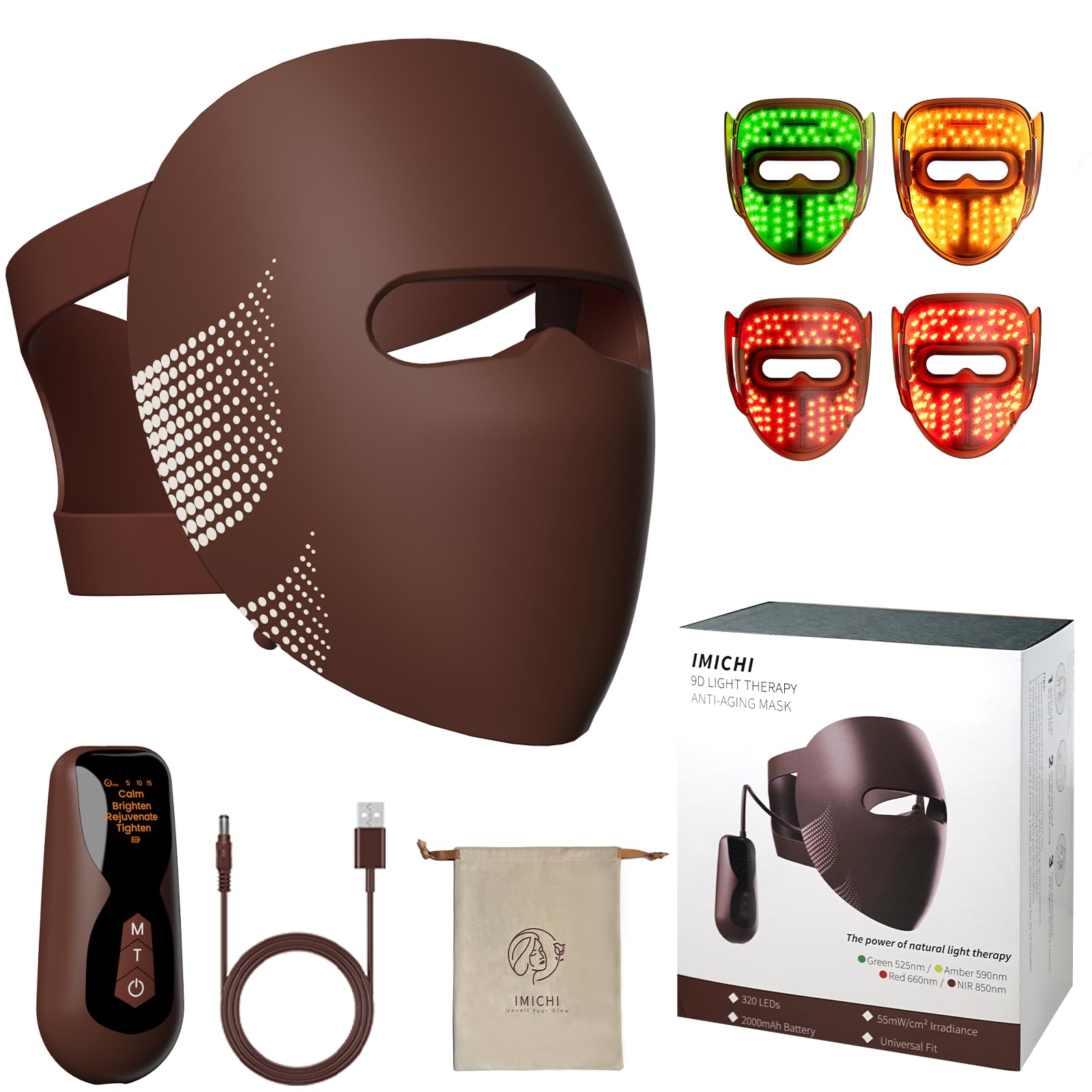 IMICHI Silicone LED Face Masks Light Therapy, 320 Pieces LEDs 4 Colours Light Therapy Mask for Anti-Ageing, Rejuvenation
