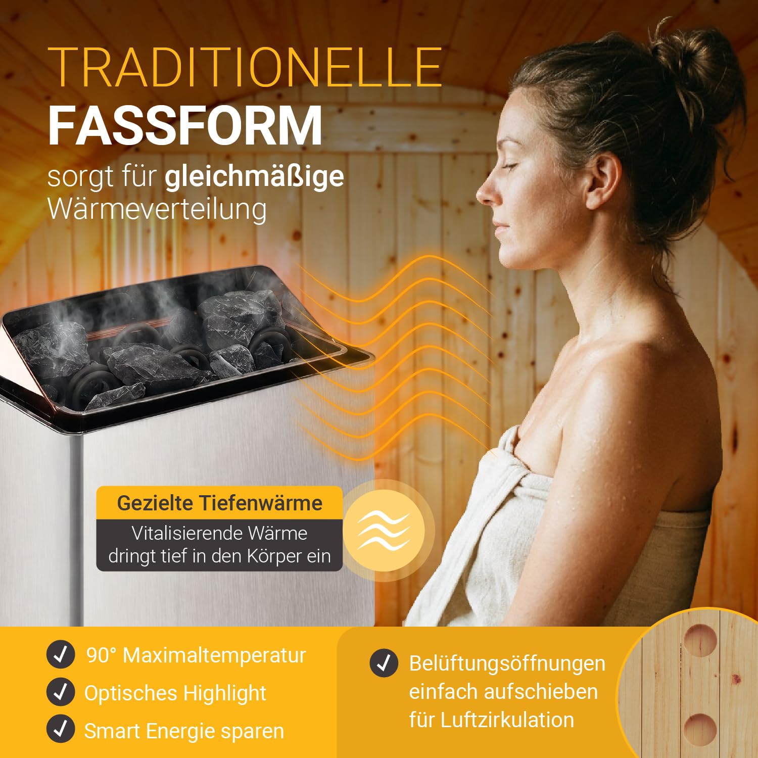 Artsauna Outdoor Fasssauna Spitzbergen 180 für 4 Personen - 6 kW Ofen, Saunasteine & Zubehör - Fichtenholz Außensauna