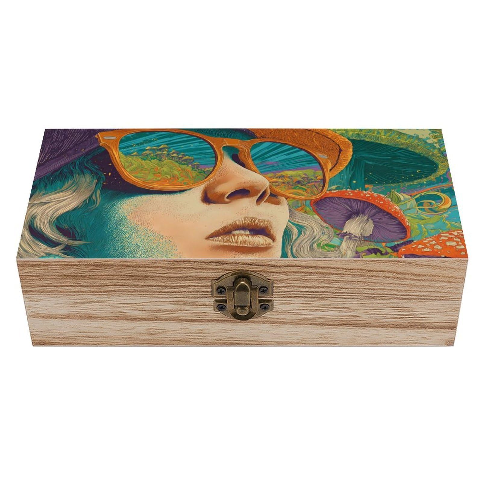 HLBSDM Psychedelic Holiday Mushroom Wooden Storage Box Craft Memory Keepsake Treasure Chest Box Jewelry Organizer