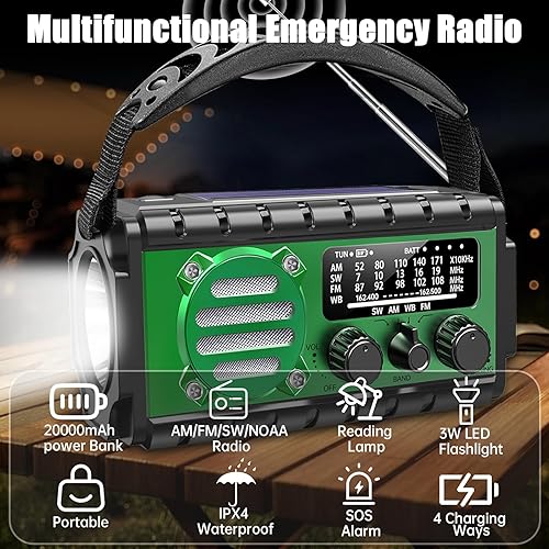Miniatura 7 de Radio de emergencia de 20000 mAh, radio meteorológica SWNOAAAMFM, manivela accionada por energía solar con batería Bige, portátil, carga de teléfono