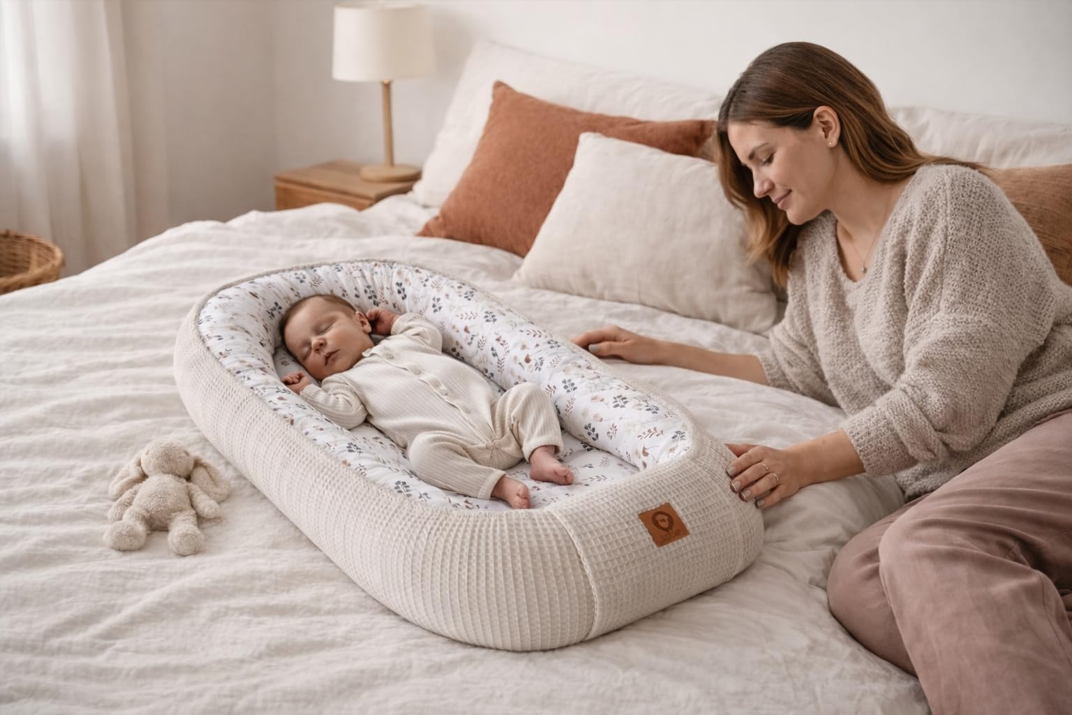 Babynestchen Neugeborene – Nestchen Baby aus Waffel Baumwolle & Baumwollstoff – Babynest für Babybett & Kinderbett – Baby Kokon Tragbar – OEKO-TEX zertifiziert – Zubehör für Babybett - Zweige und Sand