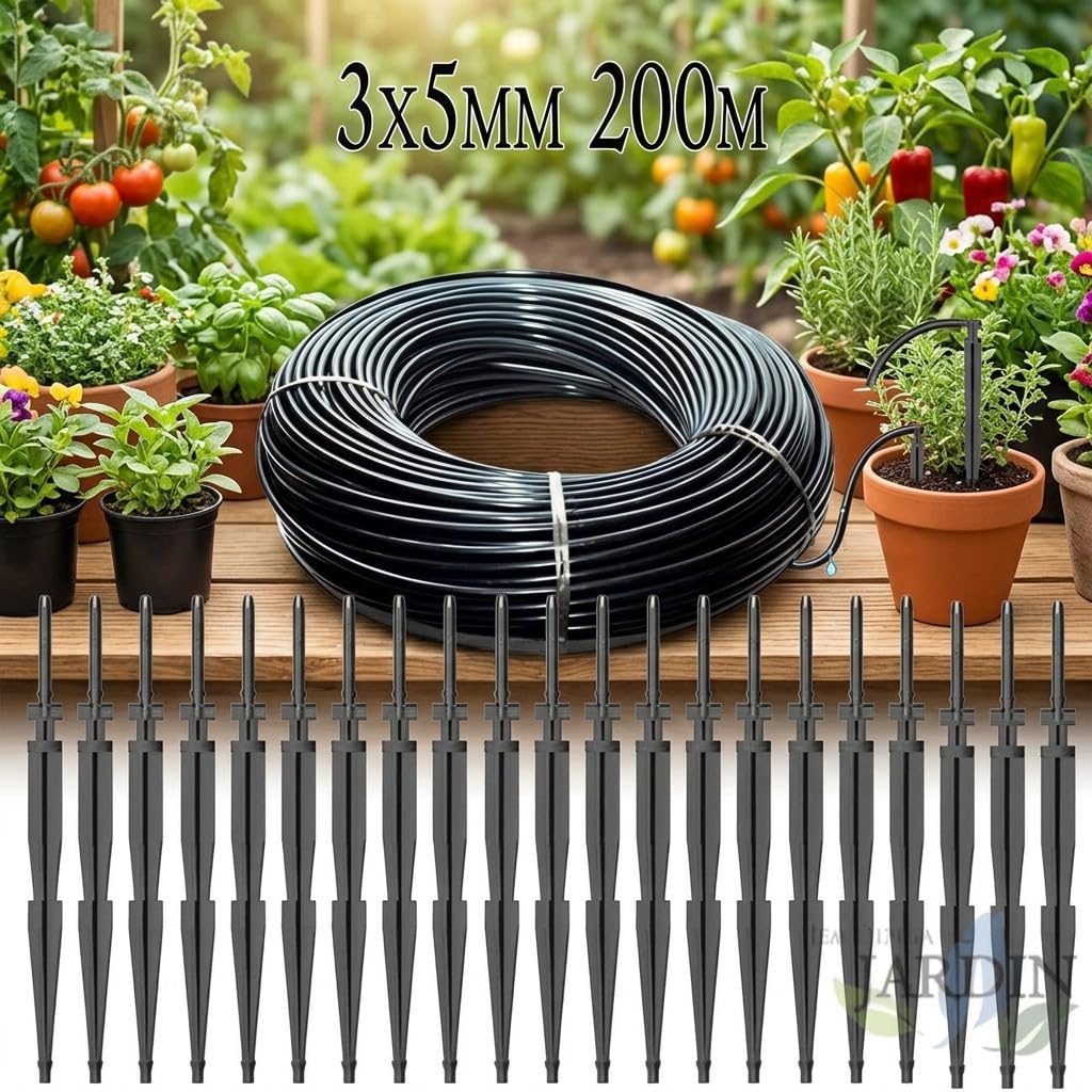 Suinga Confezione Irrigazione a goccia. MICROTUBO 3x5 mm 200 metri + 50 picchetti irrigazione a goccia 2,6 l/h. Irrigazione a goccia per piante, vasi e alberi
