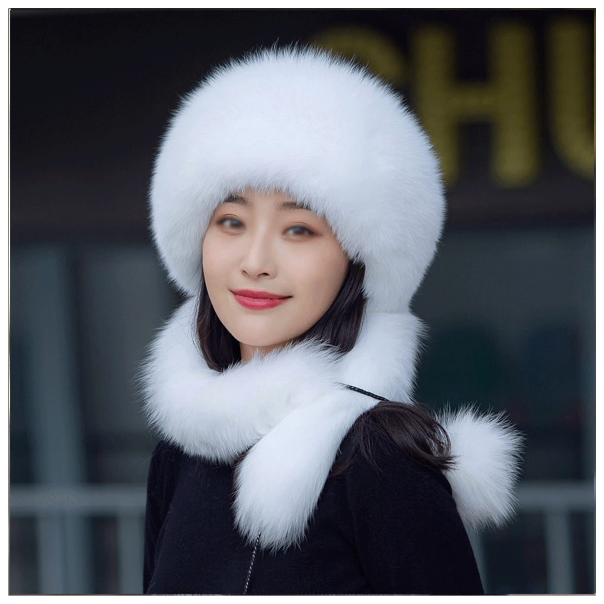 Fur Hat for Women Faux，Fox Fur Trapper Hat with Scarf，Real Furry