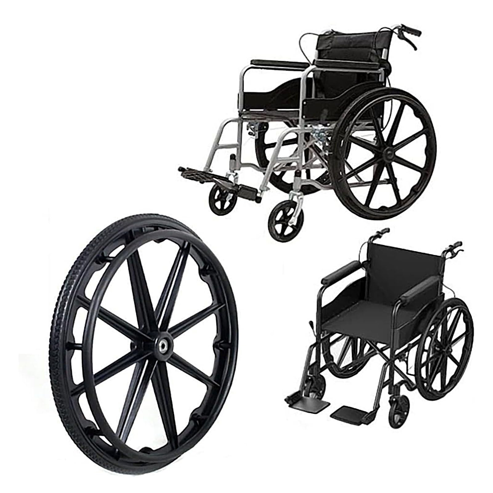 Conjunto de Ruedas traseras para Silla de Ruedas Manual de 24 Pulgadas, Rueda de Repuesto para Silla de Ruedas Antideslizante de PU neumática/sólida con rodamientos de 1/2" (12 mm) y aro (1