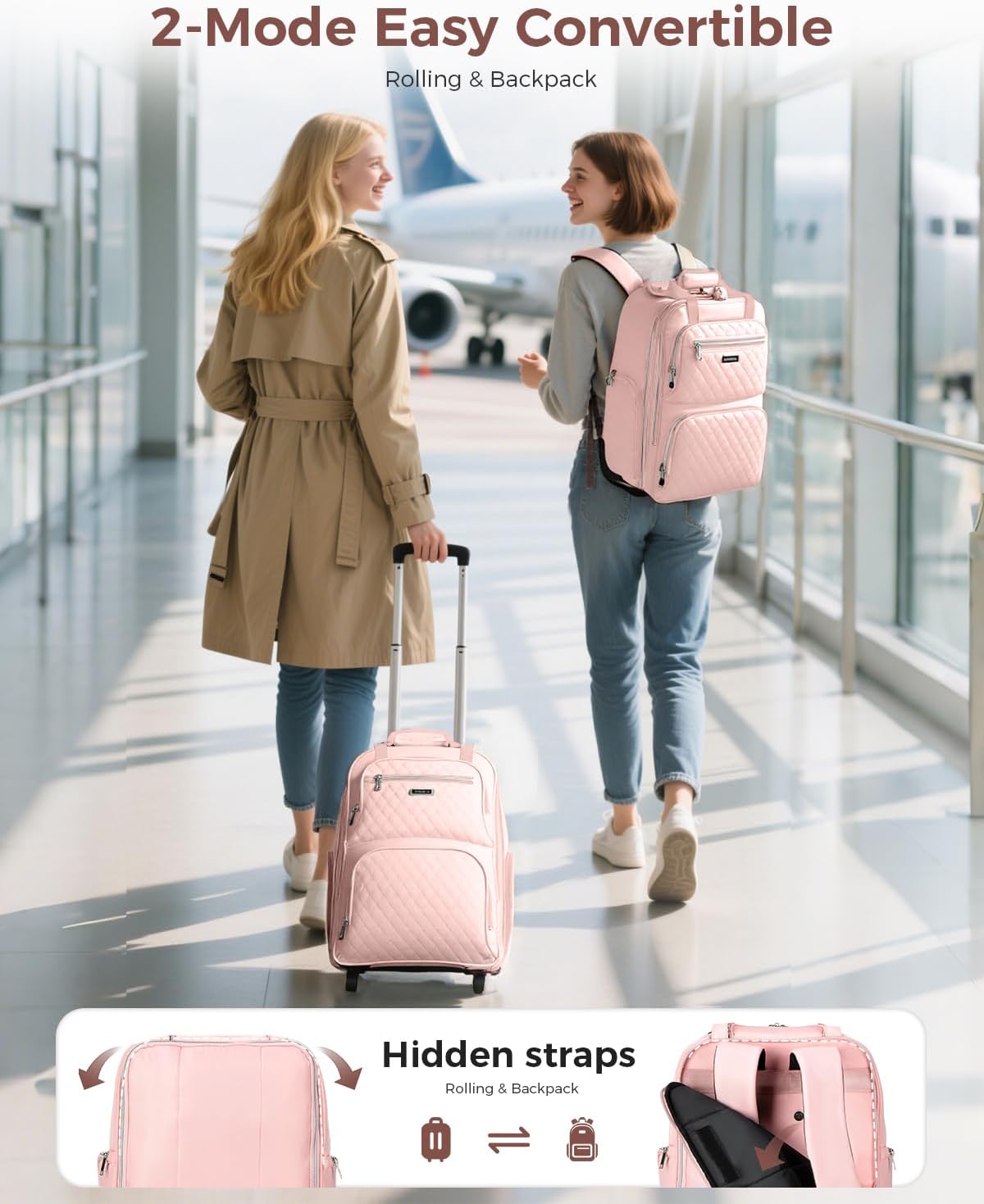 Ponhog Rolling Backpack for Women, 15.6 Inch Travel Laptop Wheeled Backpack, 30L Roller Carry On Backpack for Adults Business College Work Overnight, Stylish Personal Item, Pink