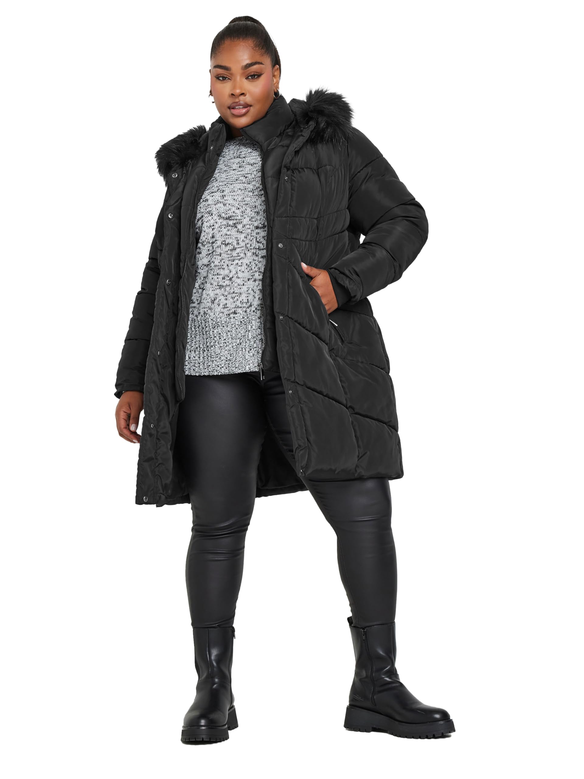 Yours Women's Faux Fur Trim Puffer Coat in Black | Size: 22-24