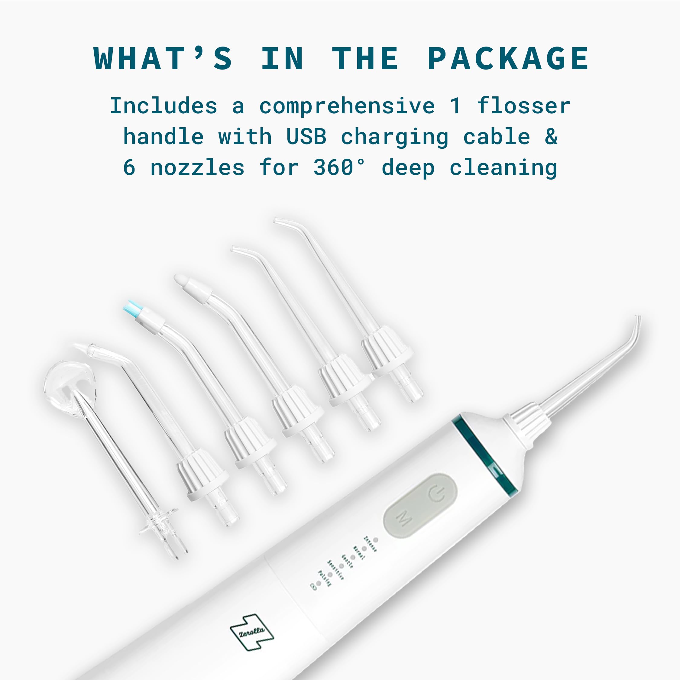Zerolla Eco Electric Water Flosser - Juego completo de irrigador dental inalámbrico para dientes con 5 modos de hilo dental y 6 boquillas de chorro especializadas, recargable por USB e impermeable