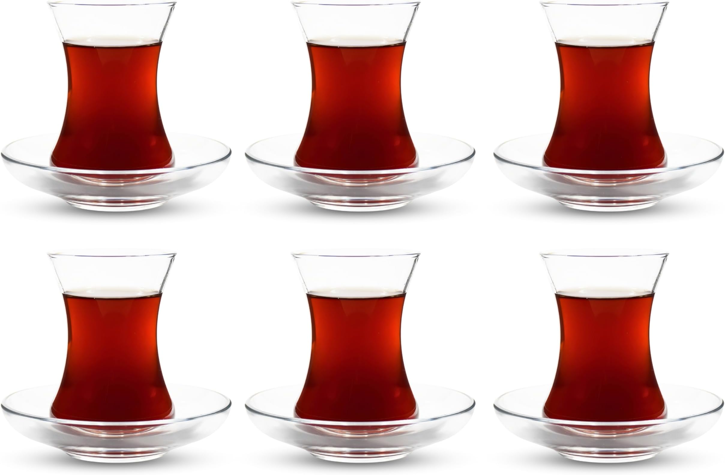 UMS Turkish Tea Glass Set - Slim Waist Design and Thick Sole Prevent the Tea From Getting Cold, Easy to Hold, For 6 Peoples, 6 Saucers 6 Glasses, Coffee Glasses, Useful Tea Set, (Set of 12)