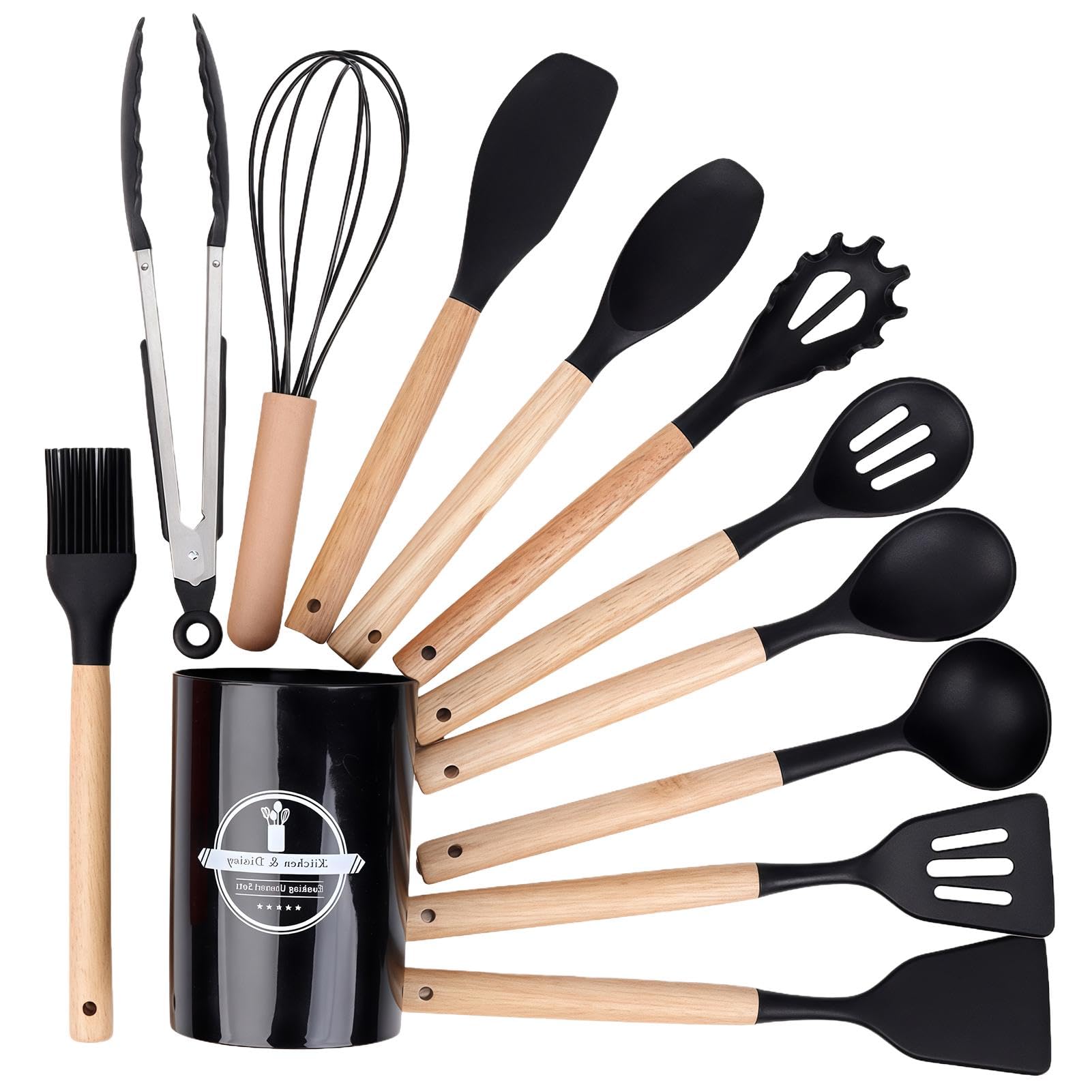 Jovrelant Kitchen Utensil Set, 12 PCS Silicone Utensils with Wooden Handle, Heat Resistant Nonstick Cookware, Dishwasher Safe Cooking Tools, Black