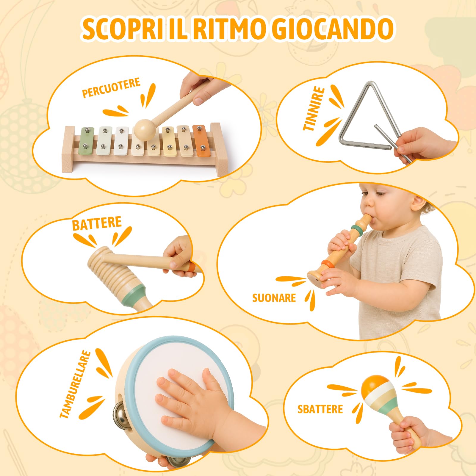 Strumenti Musicali Bambini, Giochi Montessori Sensoriale in Legno, Tamburo Bambino Xilofono Maracas, Tambourine Percussioni Giochi Bambini, Natale e Compleanno Regalo Bambino 1 2 3 Anno