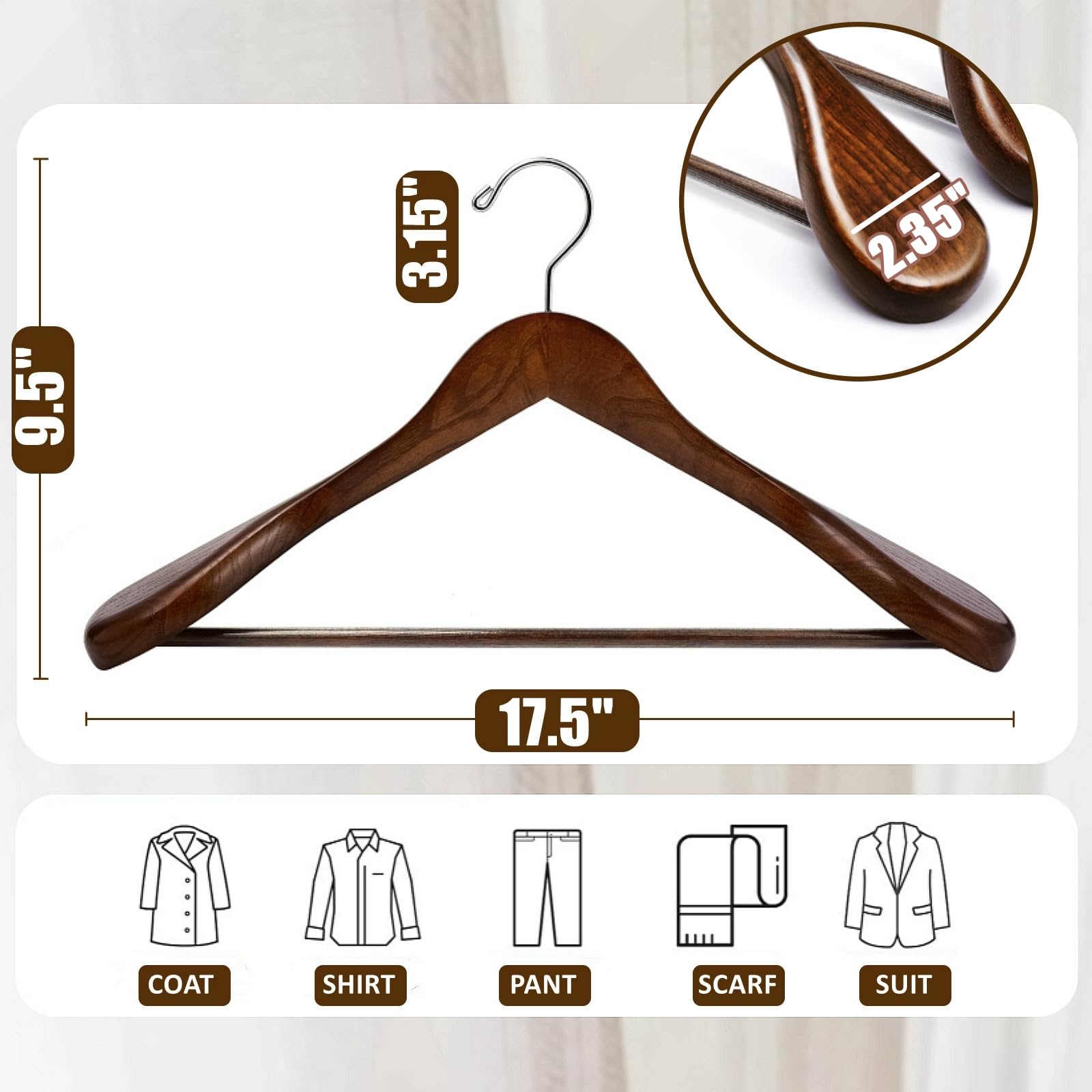 Amber Home – 6 Grucce In Legno Di Noce Con Barra Pantaloni – Spalla Larga, Gancio Girevole 360° – Per Giacche, Camicie E Abiti Pesanti