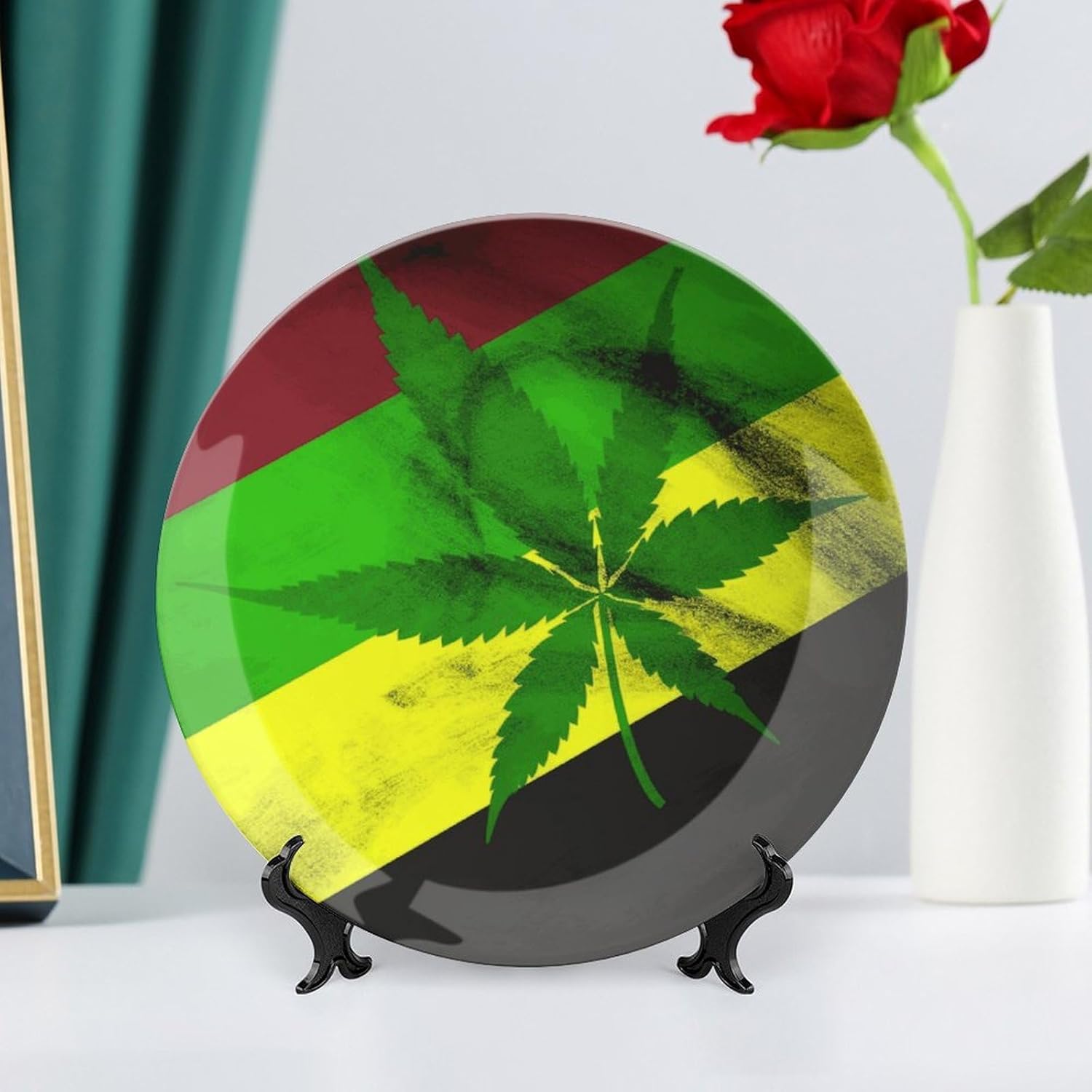 Jamaica Flag Leaves Decorative Plates for Display Round Porcelain Plate Living Room Table Ceramic Hanging Decorative Plate Art Decor for Living Room Table with 1 Display Stand 10inch
