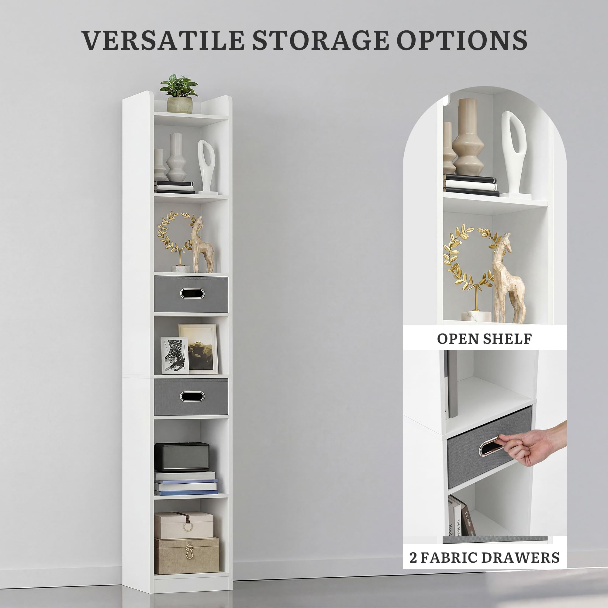 YITAHOME Hohes schmales Bücherregal Eckregal 5 Ebenen 2 Stoffschubladen freistehend Weiß 30x24x180 cm