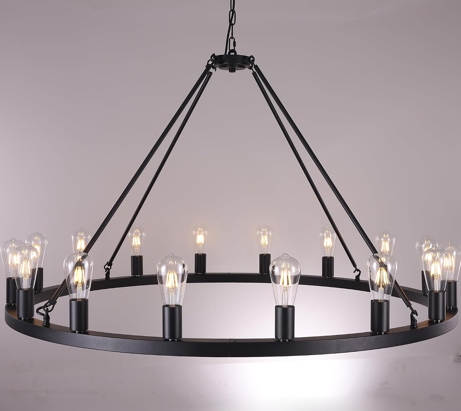 Wellmet Large Black Chandelier 47 Inch, Farmhouse Rustic Industrial Country Chandeliers for Living Room, High Ceiling Round Wagon Wheel Light Fixture for Dining Room, Foyer, Bedroom Chandelier
