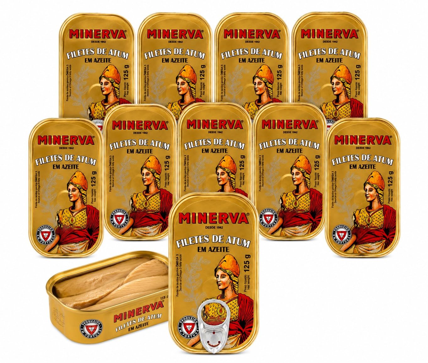 Minerva Thunfischfilets in Olivenöl 10 x 125g – Premium Portugiesische Fischkonserve – Zarte Thunfischfilets – Reich an Omega-3 – 1,25kg