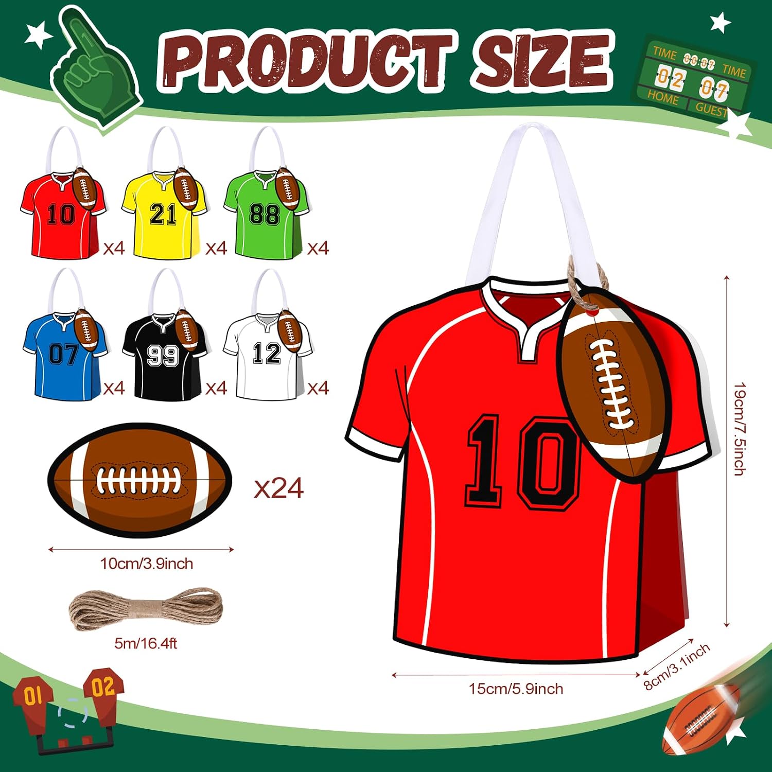 Lerheedi 24 Pcs Football Gift Bags with Handle, Paper Treat Candy Bag Football Goodie Bags Jersey Shaped Party Favor with Tags for Sports Team Gift Birthday Party Decoration Supplies