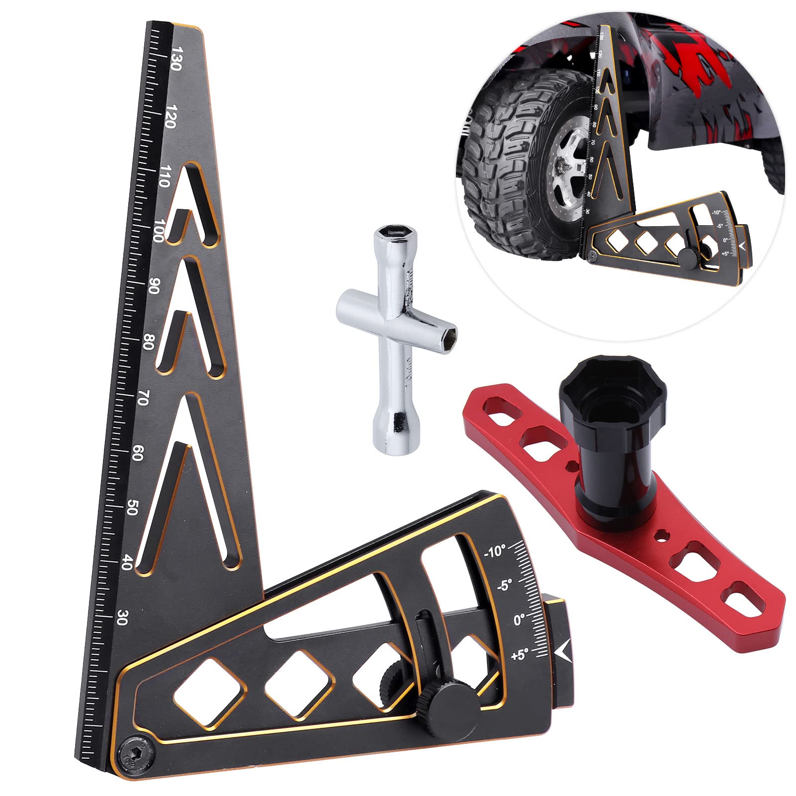 Hobbyfire Aluminum Metal RC Car Camber Gauge Height Gauge Wheel Wrench for 1/8 1/10 Scale RC Truck Buggy On Road Touring Racing Drift Models