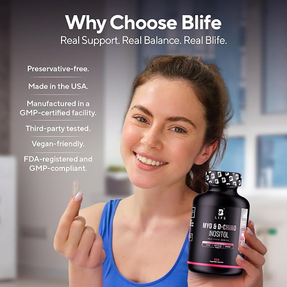 B Life Company Myo-Inositol & D-Chiro Inositol 40:1 for Women | Inositol Supplement for Women | Hormone Balance, Fertility & Cycle | Vitamin B8, Insulin & Flo Ovarian Support | 120 Caps