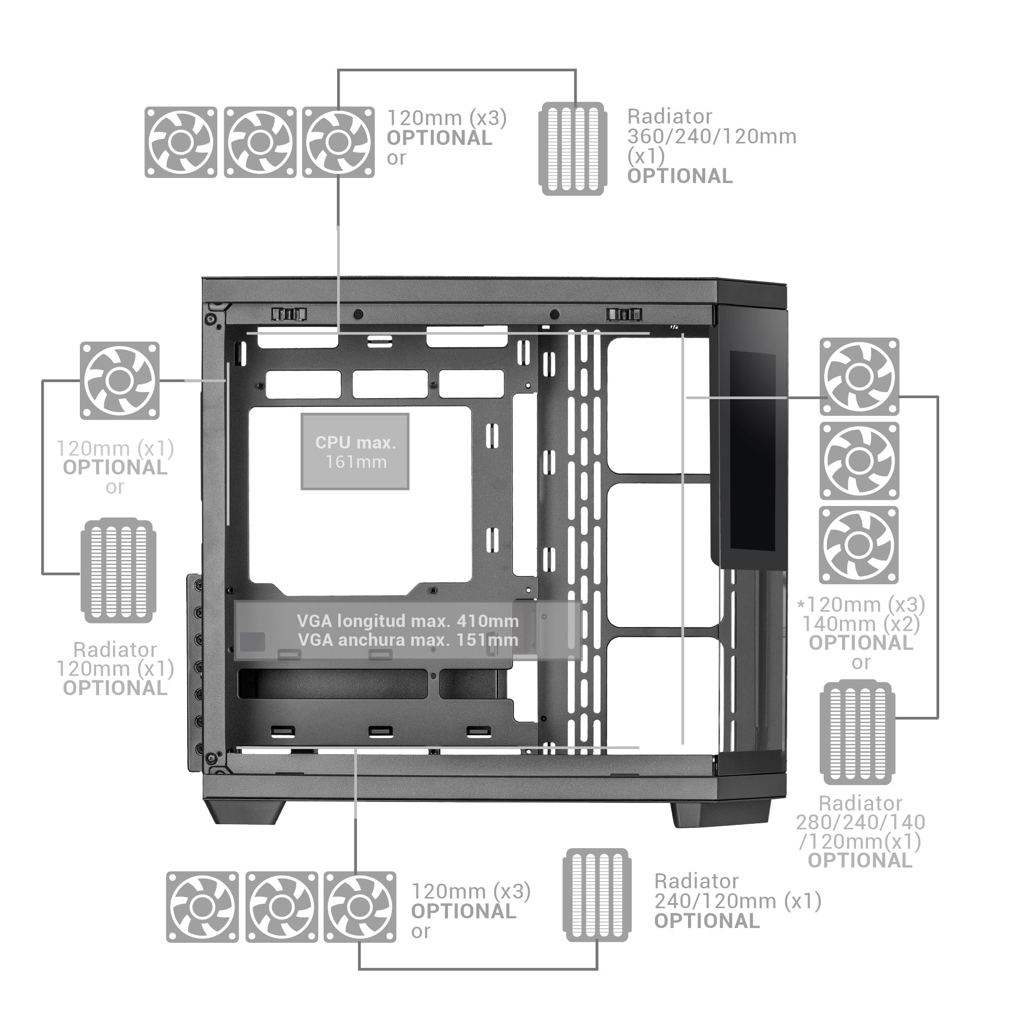 Mars Gaming MC-3TCORELCD Case Gaming ATX, Schermo IPS 7,2” Personalizzabile, Triplo Vetro Temperato Rimovibile, Struttura Doppia Camera, Supporto per Raffreddamento Liquido fino a 360mm, Nero