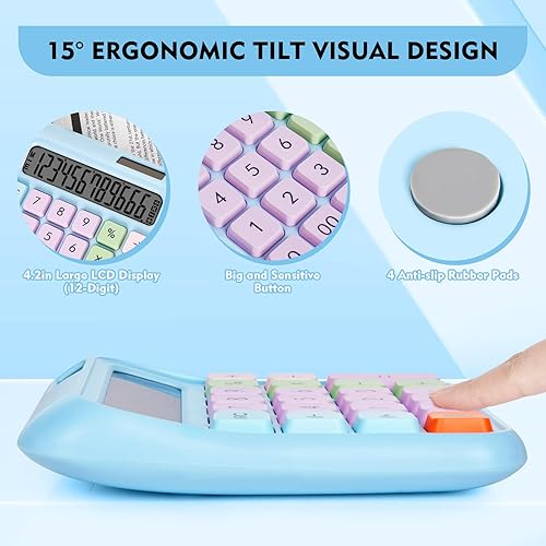 Miniatura 4 de Calculadora de interruptor mecánico, calculadora de escritorio, calculadoras azules, botones grandes, pantalla LCD grande de 12 dígitos, energía