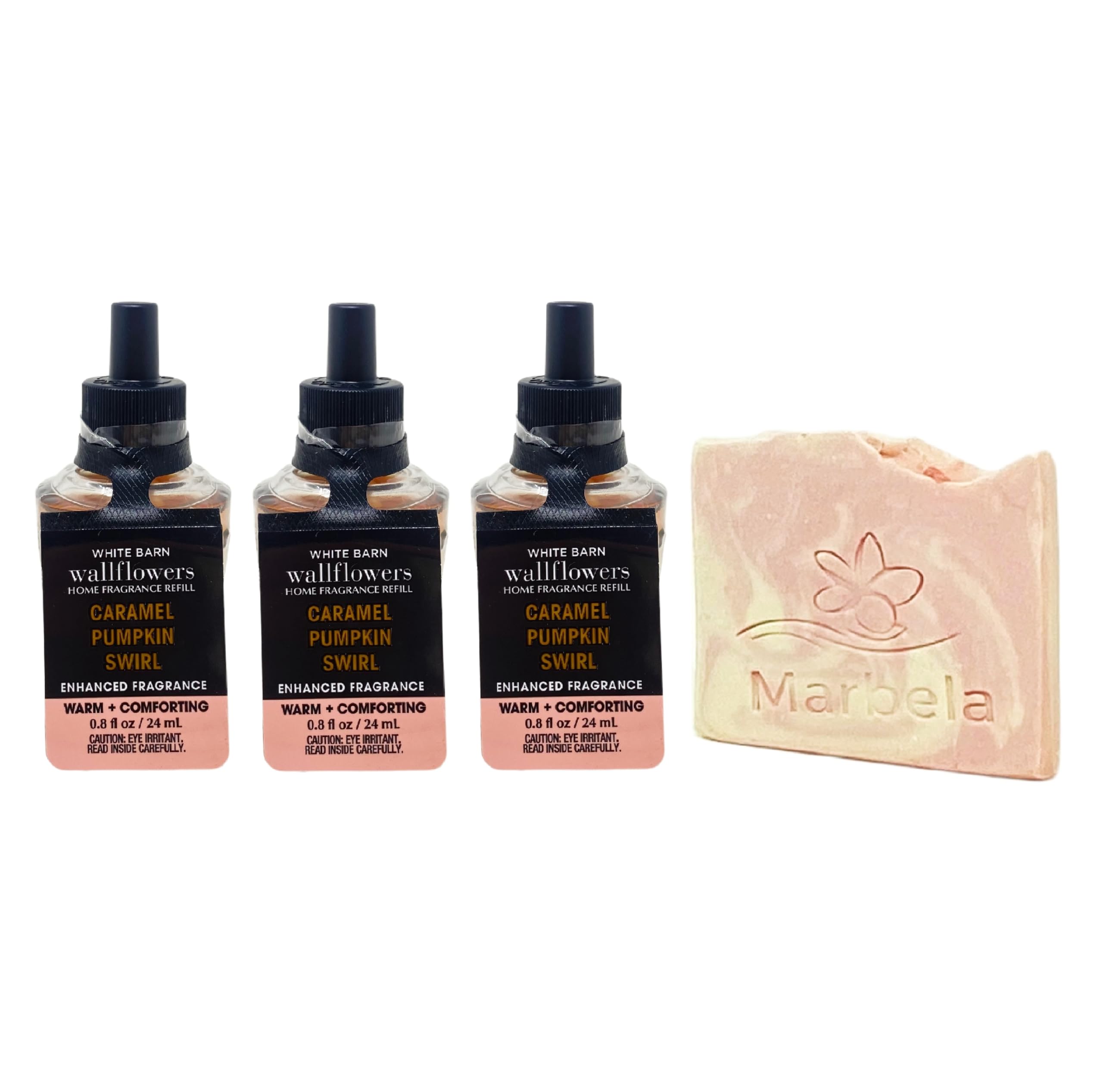 Bath & Body Works Caramel Pumpkin Swirl 3 Pack Wallflowers Home Fragrance Refill Bundle with a Himalayan Salts Springs Sample Soap