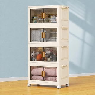Stackable Plastic Storage Bins with Lids 4 Tier, Collapsible Closet Organizers and Storage with Wheels for Living Room,Office,Dorm 18.9" W x 10.6" D x 37.8" H