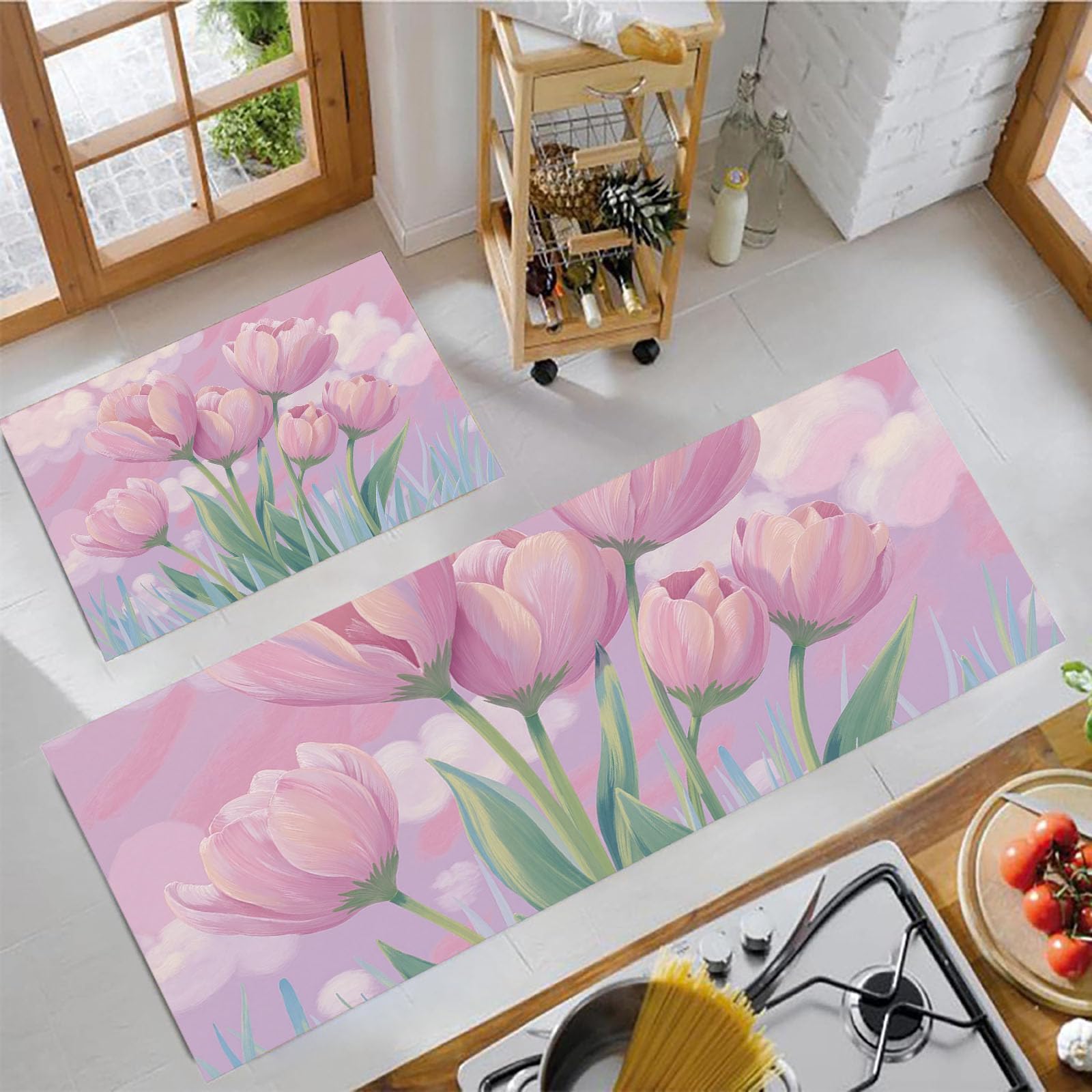 Alfombras de cocina Tulipán De Ensueño antideslizantes y lavables de 43x75 y 43x150cm