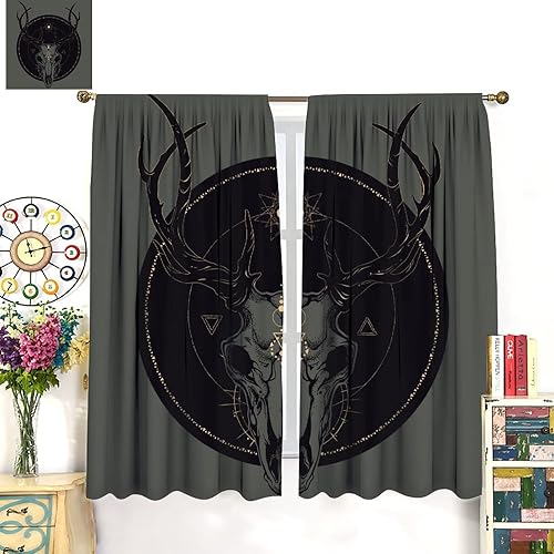 Vista 60 de Cortinas de cabeza de cabra, misteriosa cabeza de cabra malvada, calavera negra, bolsillo para barra, cortinas opacas para ventana, juego de 2