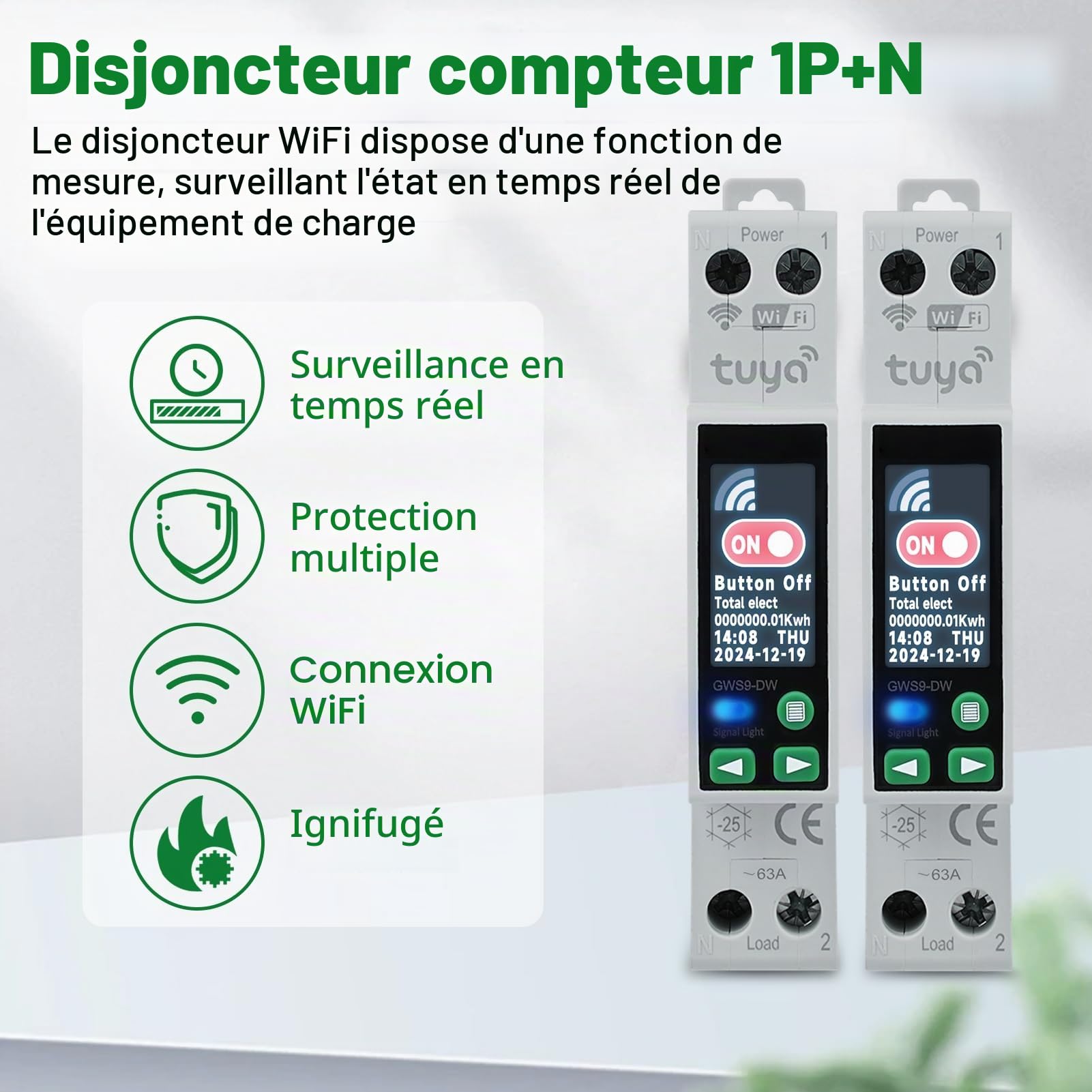 Disjoncteur 40A tuya wifi compteur electrique circuit breaker wifi interrupteur minuterie 90-240V AC 1P+N interrupteur à distance avec protection contre les surtensions etc (avec indicateur LED)