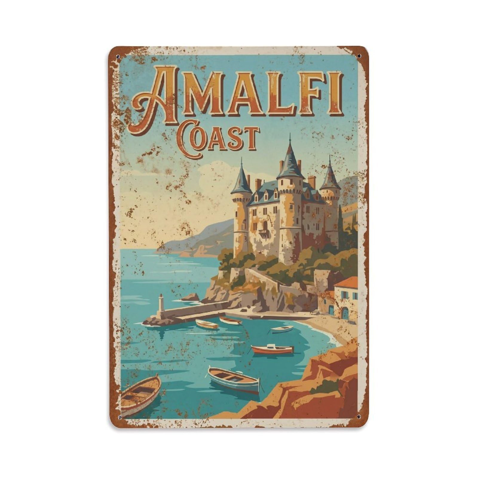 Vintage Travel Chateau Italy Seaside Metal Tin Sign