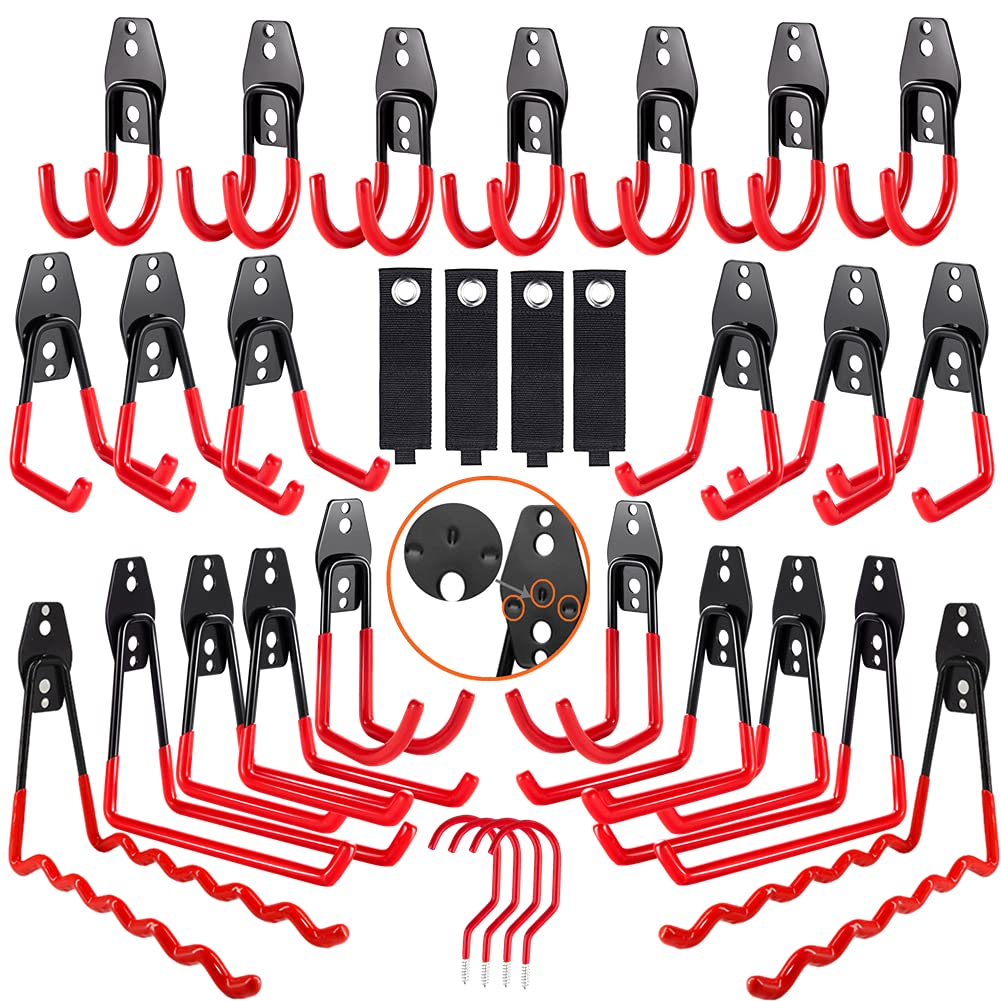 3-HGarage Storage Hooks,Garden Tool Organizer 31Pack,Garage Hooks for Hanging Ladder Chair Shovel Weed Eater(red)