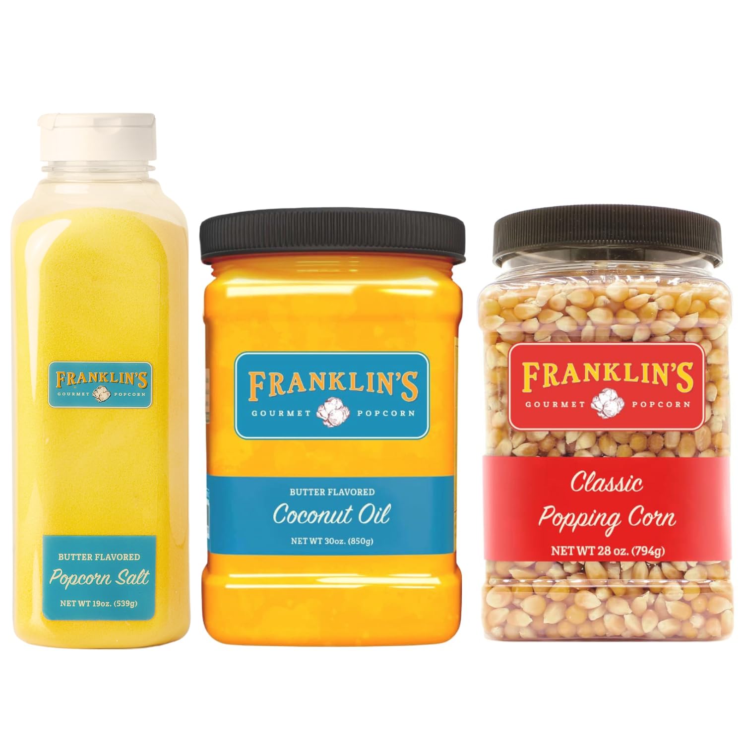Franklin's Gourmet Popcorn - Classic 28 oz. Popping Kernels, 19 oz. Butter Flavored Popcorn Seasoning Salt, 30 oz. Butter Flavored Coconut Oil -
