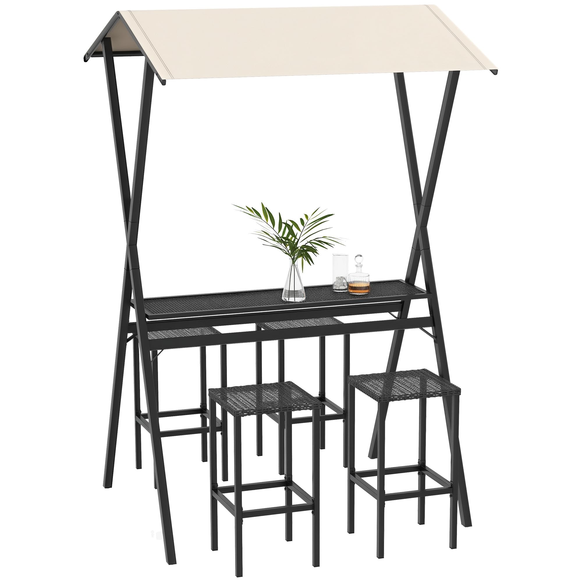 Outsunny Ensemble de bar de jardin en rotin 4 tabourets table haute avec toit acier noir