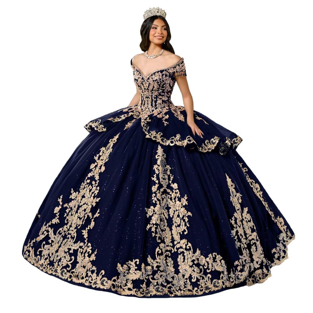 DXUOPL Glitter Tulle Quinceanera Dress with Train Luxury Tassel Sweet 15 16 Dress with Detachable Bow Gold Beaded Ball Gown