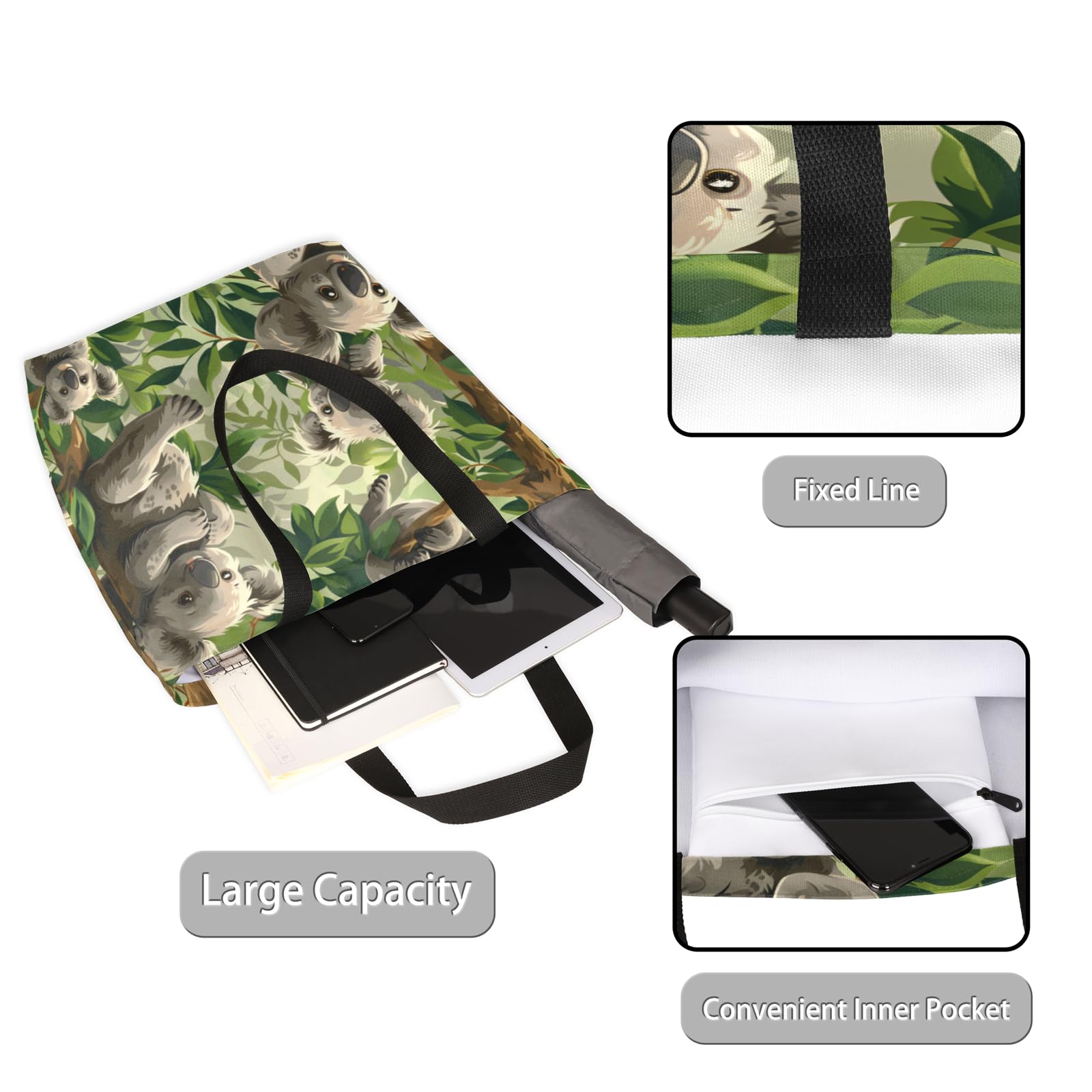 Mularoka Watercolour Tree Branch Cute Koala Large Capacity Canvas Tote Bag Stylish Handheld Shoulder Bag Reusable Shopping Bag for Work Travel Beach Trips Shopping