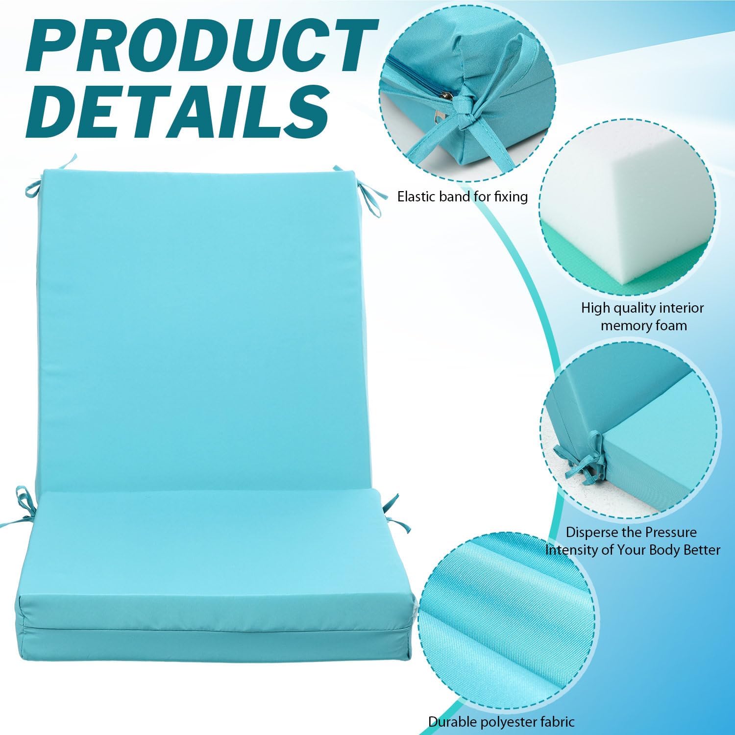 Wenqik Set of 2 High Back Outdoor Chair Cushion 21 W x 42 L Waterproof Patio Seating Cushions Fade Resistant Chair Pads with Adjustable Straps for Summer Pool Yard Garden Sofa Furniture, Ocean Blue