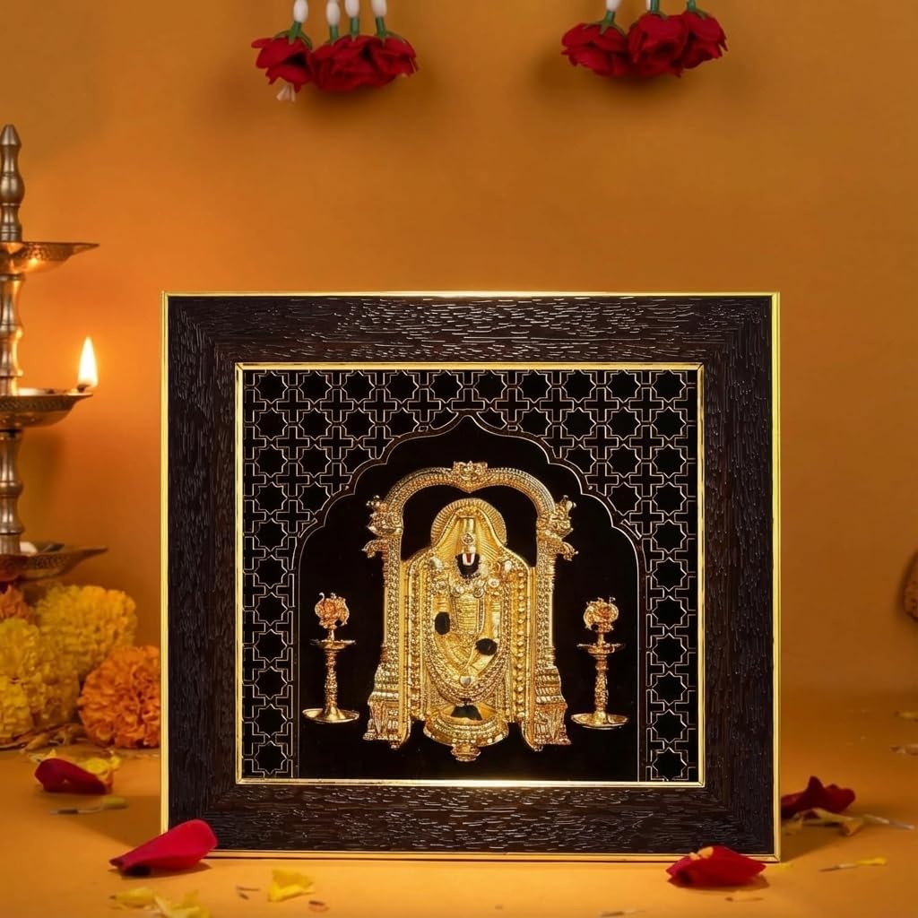 Gold Plated Lord Balaji Photo Frame | For Pooja Room Wall Hanging, House Warming Ceremony Gifting & Home DecorINew design (9 X 8.5 Inches)