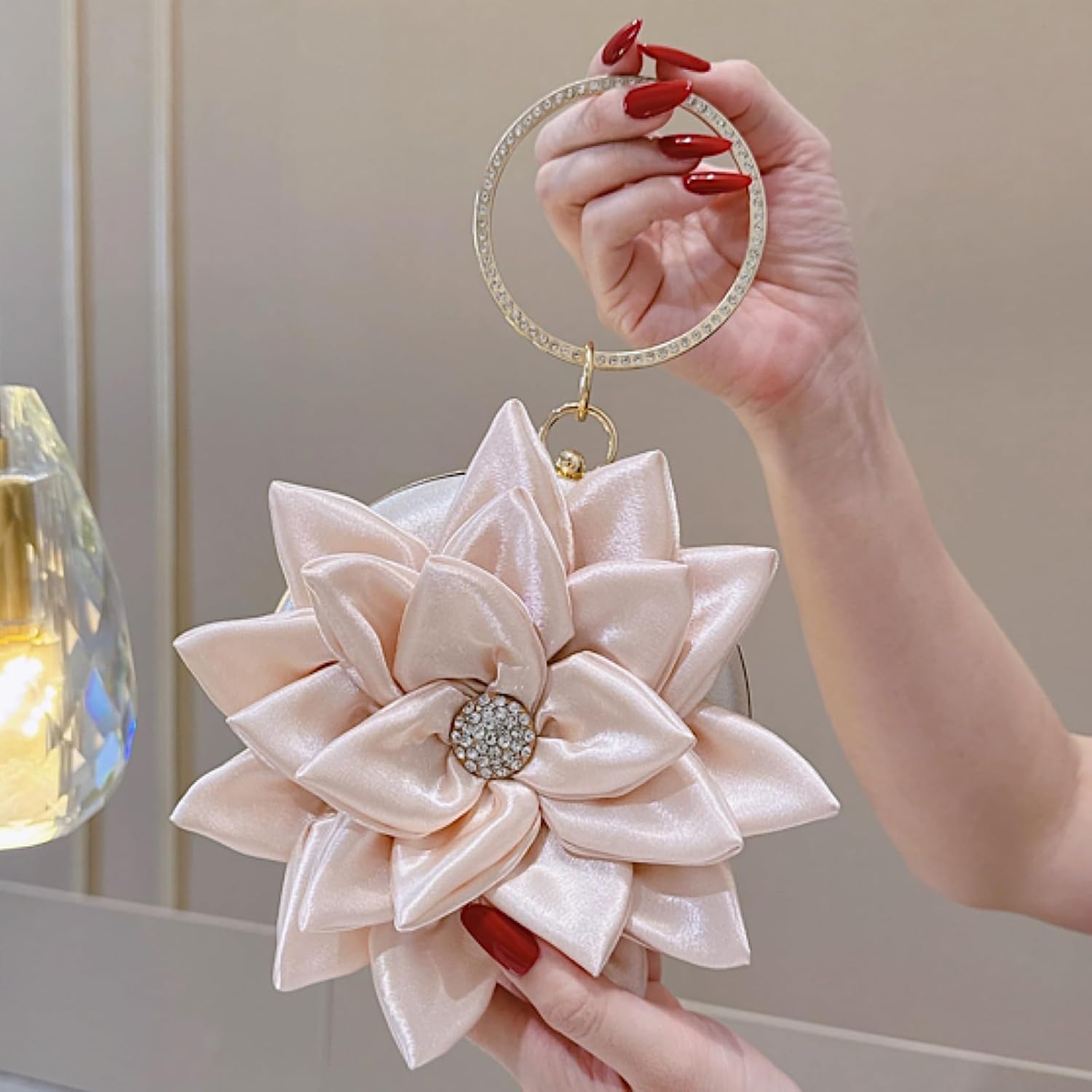 Silk 3D Rose Flower Handbag with Rhinestone Metal Handle – Elegant Evening Bag for Wedding, Prom, Cocktail Party, and Special Occasions - Image 2