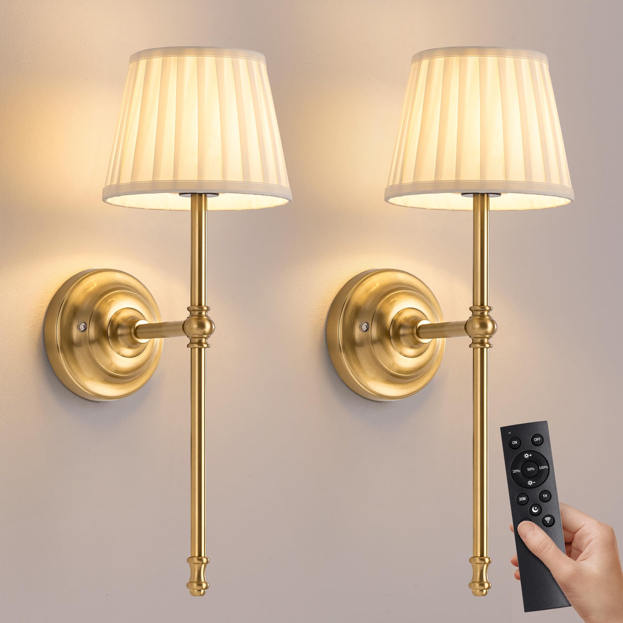 Newsee Gold + Beige Lampshde (2 Pack) Battery Operated Wall Lights Set Of 2, Cordless Led Fabric Wall Sconces, 5200Mah Rechargeable, Dimmable With Touch & Remote Control, Wireless Lamp For Hallway, Bedroom Living Room (Gold)