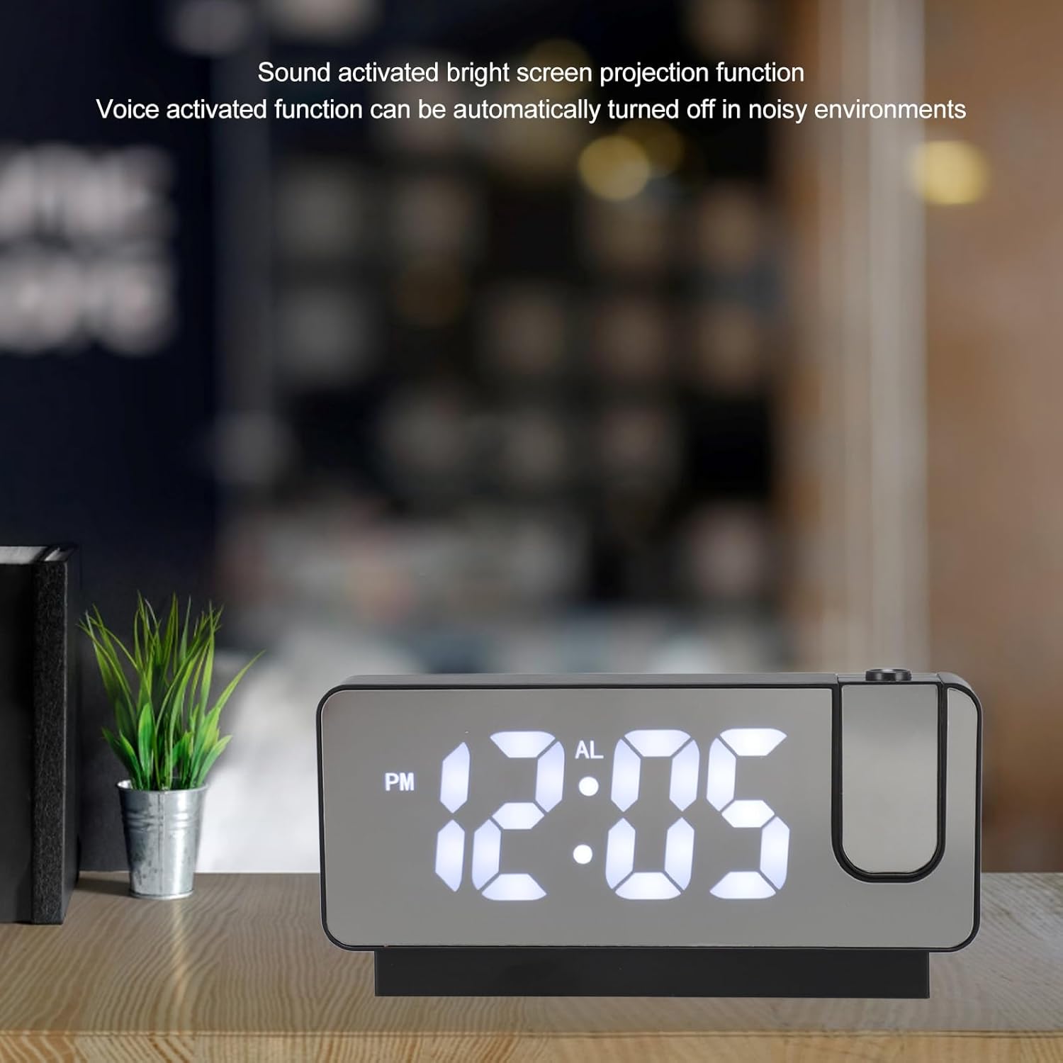 Projection Digital Alarm Clock for Bedrooms USB Rechargeable White Light Snooze Function Adjustable Brightness LED Mirror Digital Alarm Clock (Black Shell)