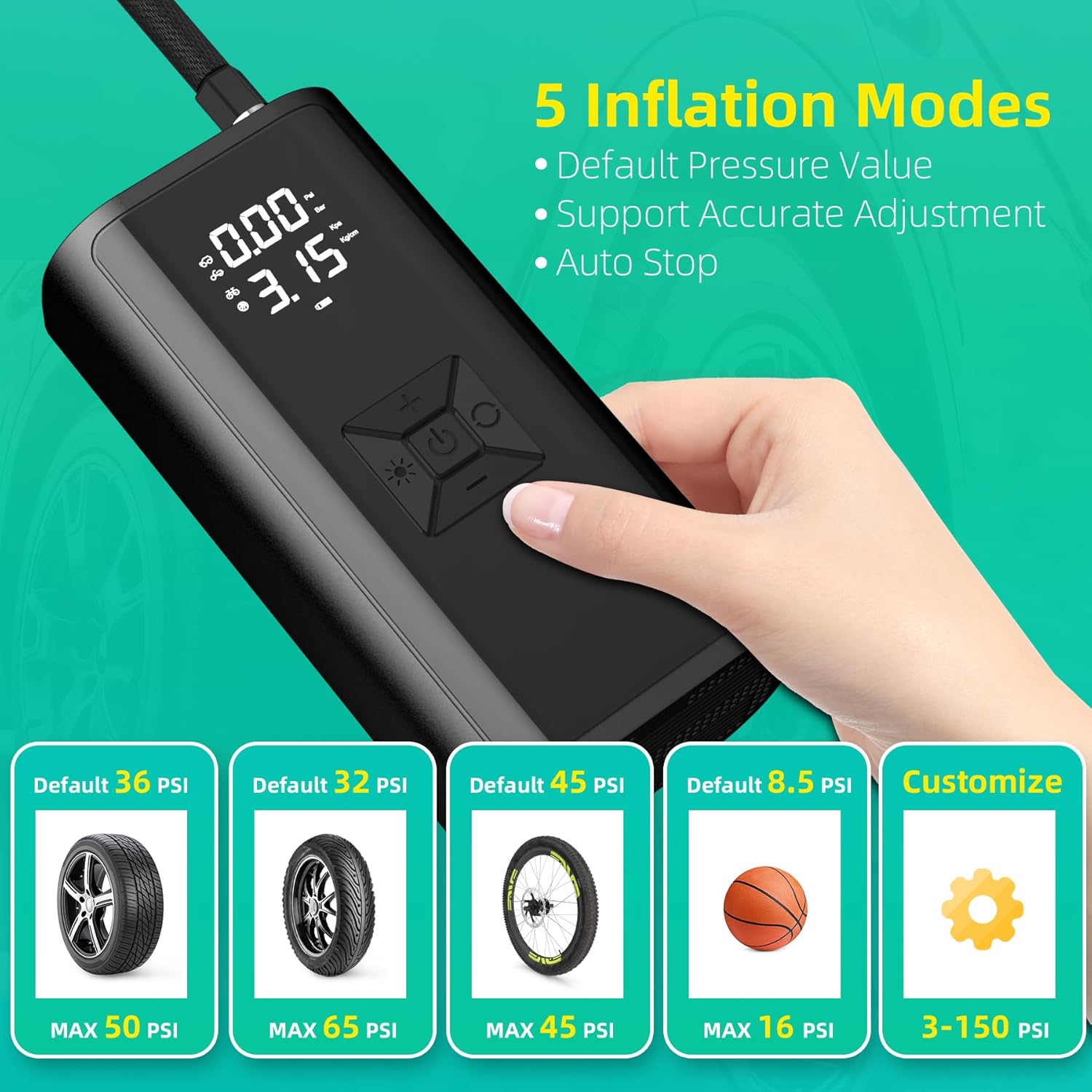 Digital display showing 5 inflation modes: Car, Bike, Motorcycle, Ball, and Custom, with their default and maximum PSI values.