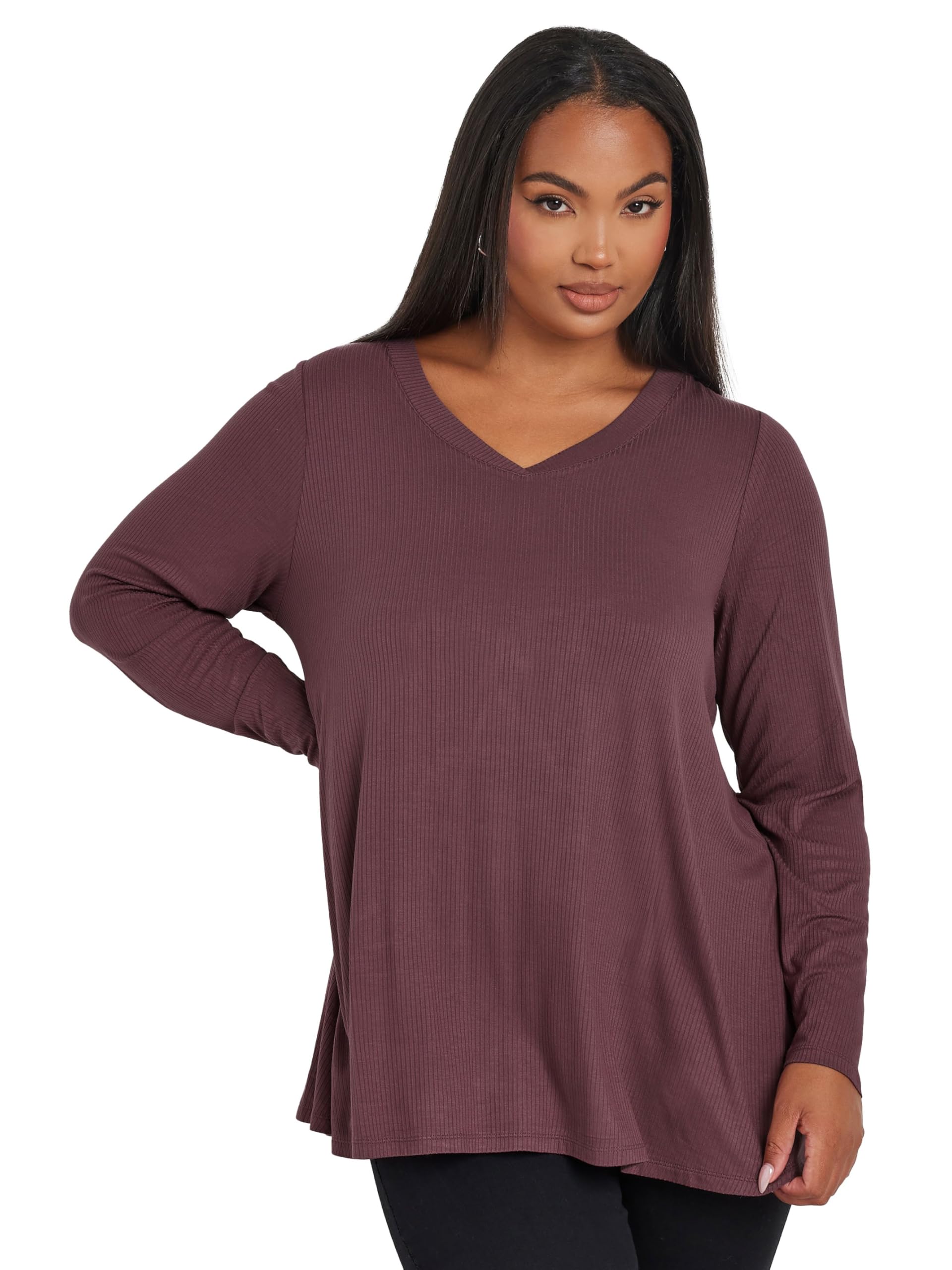 Yours Women's Purple Curve Ribbed Long Sleeve Swing Top - Plus Curve 30-32 Plus