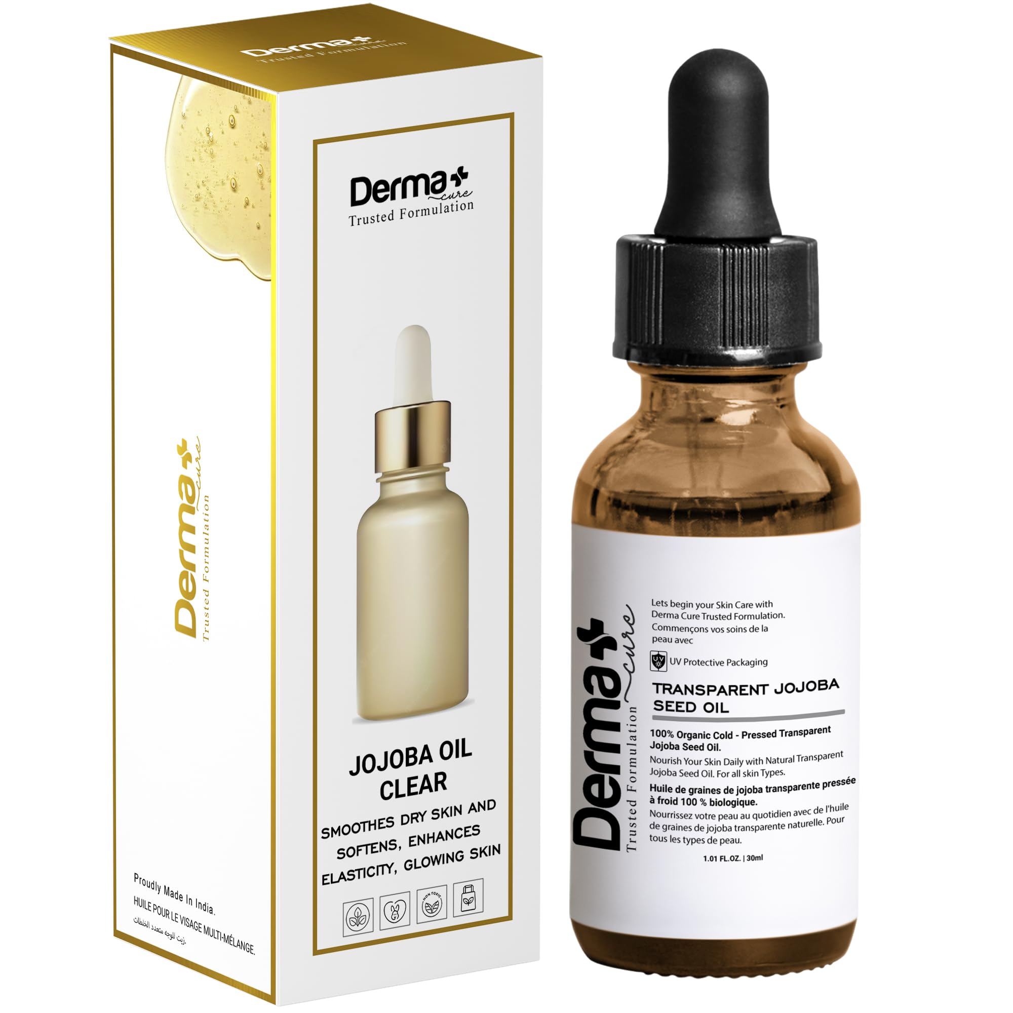 Derma+Cure Clear jojoba oil | Smooth skin | Reduce dryness | All purpose use | Use as makeup removal | 30ml