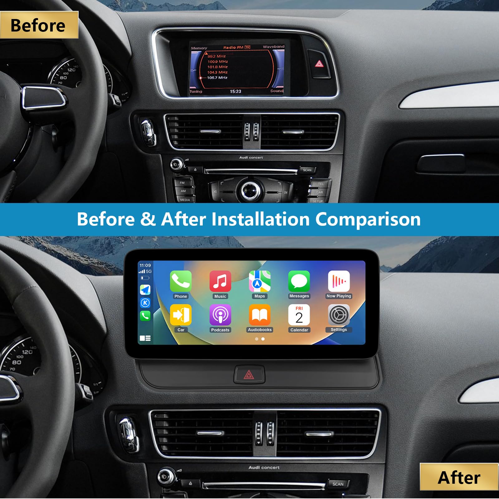 Car Radio 12,3 pollici touchscreen con Wireless Carplay e Android Auto per Audi Q5 2009-2017 con sistema 2G MMI+, supporta Mirrorlink, telecamera, navigazione