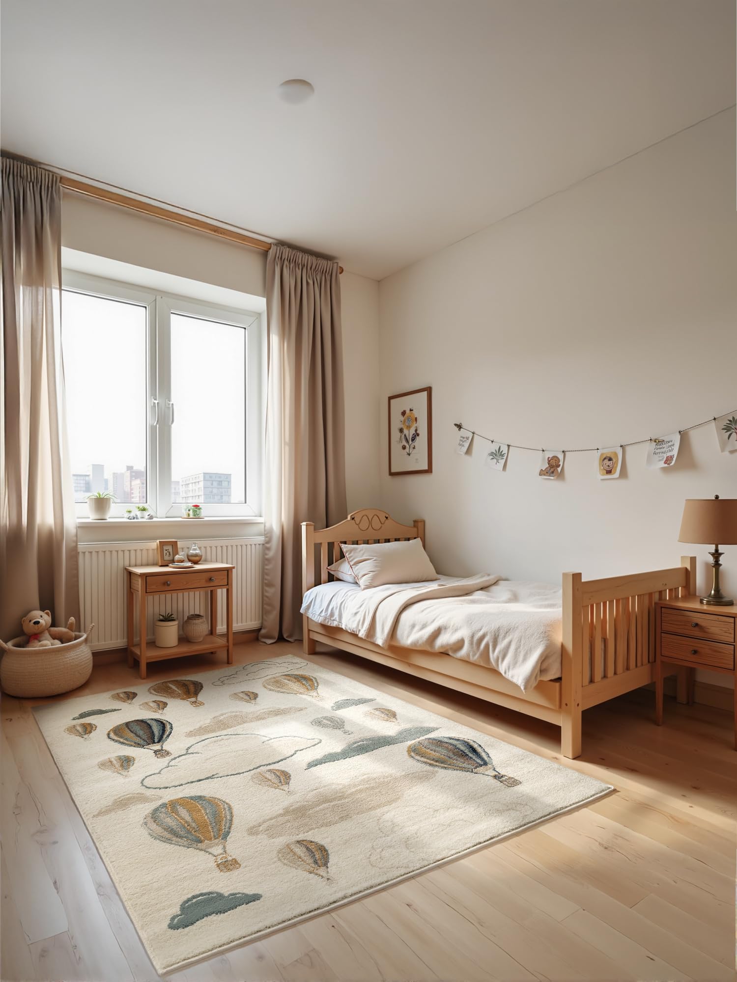 Hanse Home Adventures Alfombra Infantil, Globo aerostático, en Colores Pastel, Moderna, para Gatear, para habitación de los niños, habitación Juvenil, salón, Crema Multicolor, 120 x 170 cm