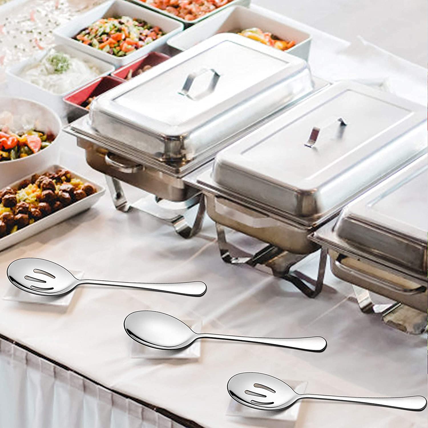 Set da 8 cucchiai da portata grandi, 4 cucchiai da portata grandi, 4 cucchiai da portata scanalati, in acciaio inox per cene a buffet e ristorante, 20,5 cm (argento)