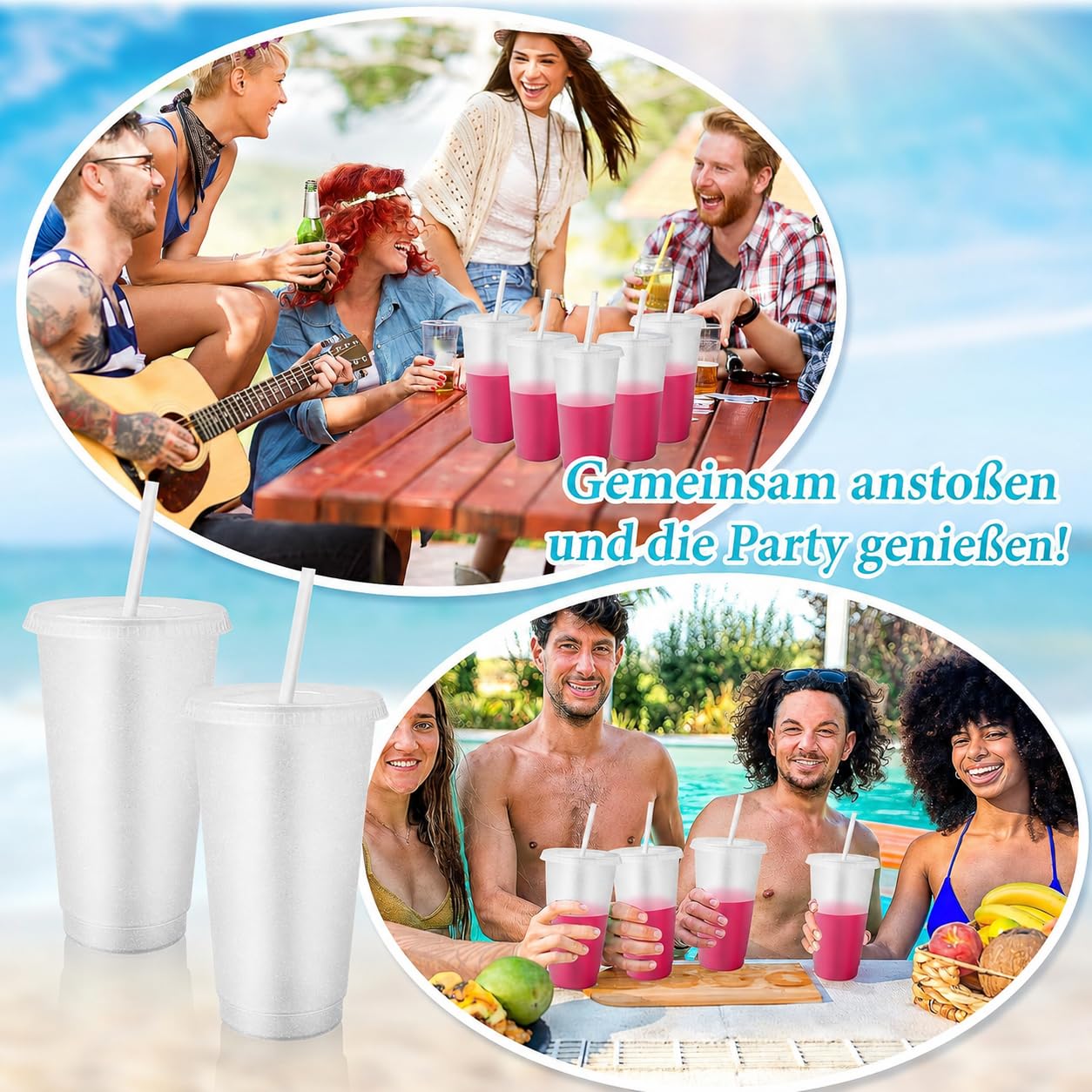 60er Pack Plastikbecher mit Deckel und Strohhalm, 710ml Kunststoff Glitzerbecher Set, Wiederverwendbare Partybecher für Eiskaffee Kaltes Trinken Smoothie Saft (Weiß)